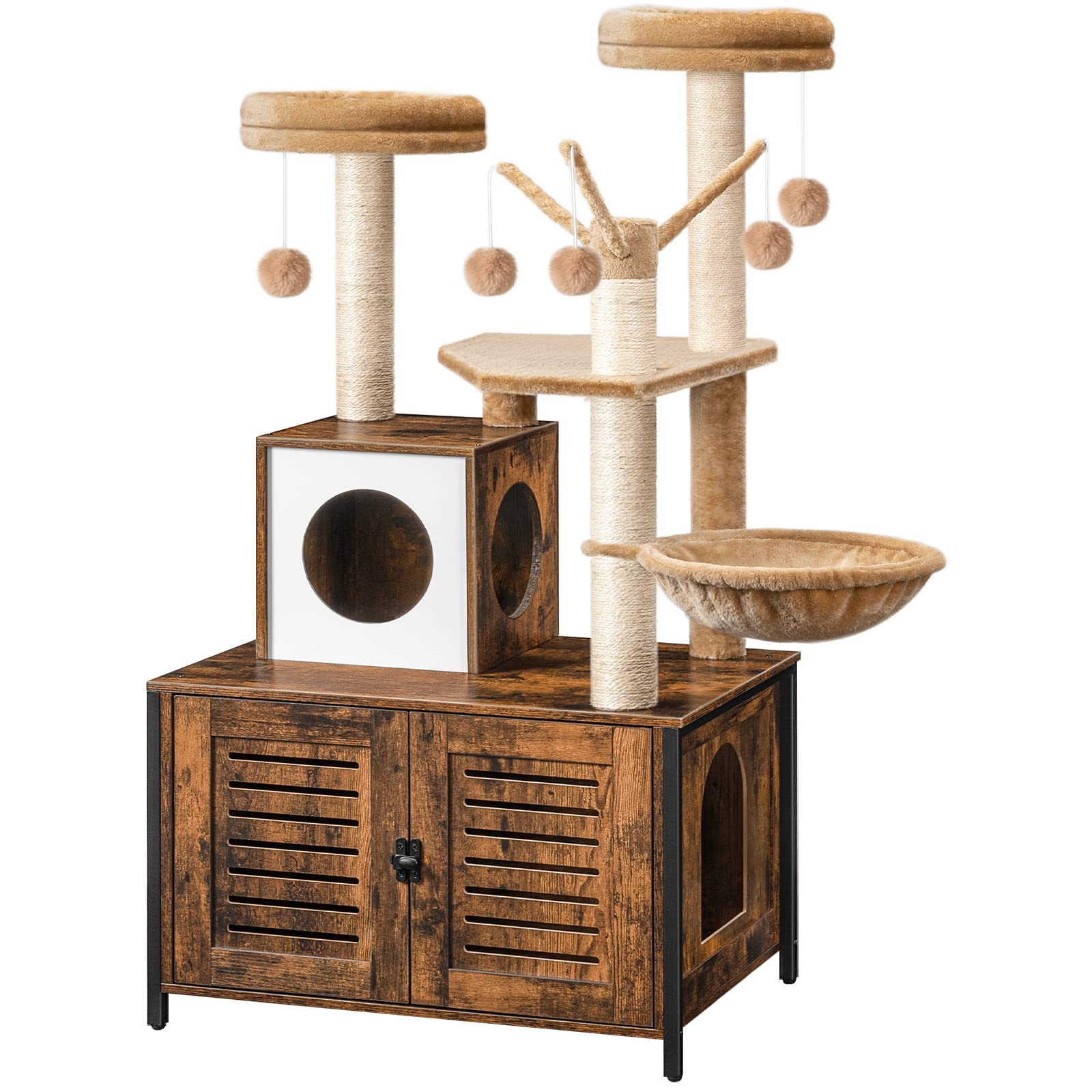 HOOBRO All-in-One Wooden Cat Tree with Litter Box Enclosure, Scratching Posts & Hammock - Multi-Level Cat Tower Condo for Indoor Cats - Rustic Brown Pet Furniture (Perfect for Small Spaces & Apartment Living)