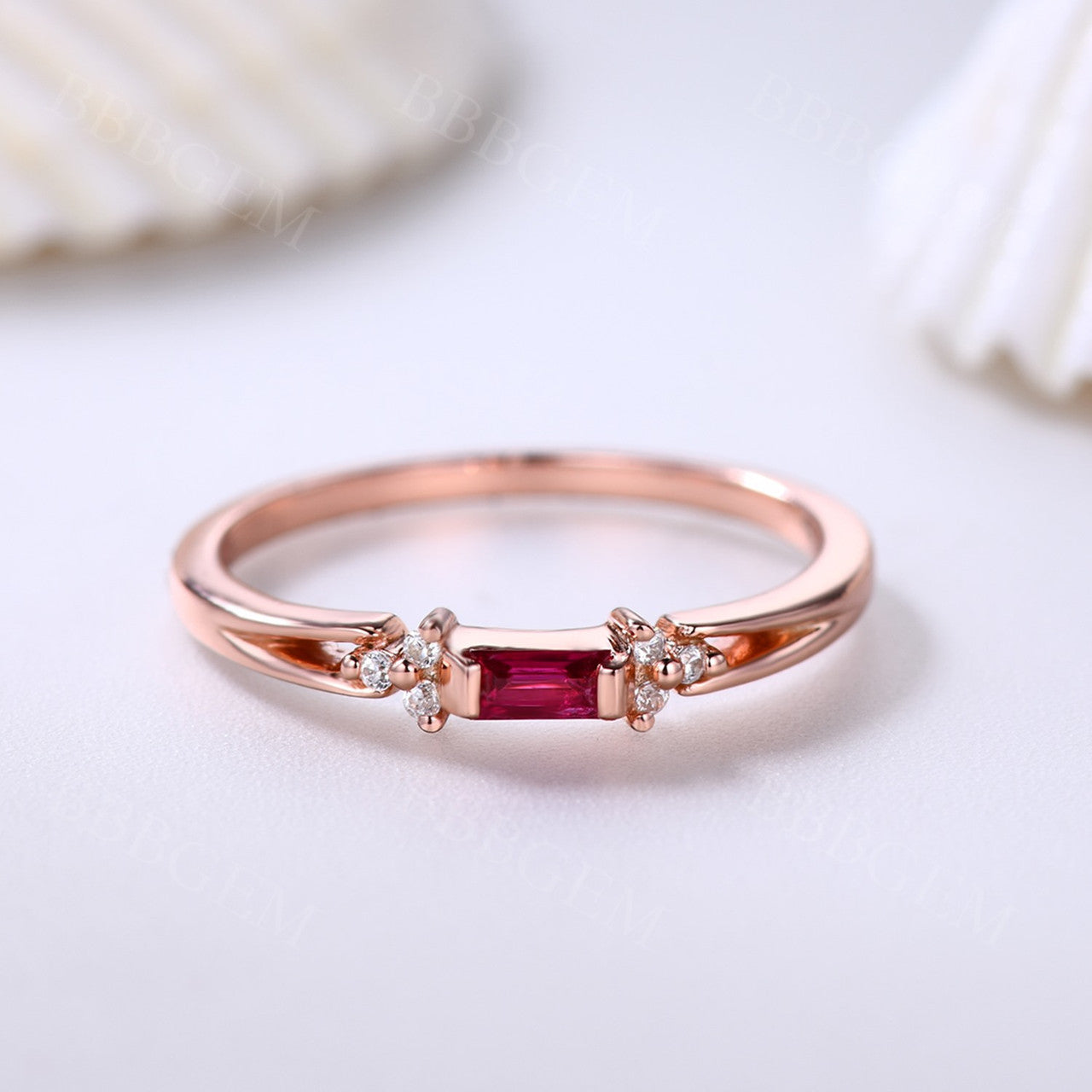 Rose Gold Engagement Ring with Baguette Ruby & Diamond Cluster - July Birthstone Wedding Band for Women, Antique Engraved Promise Ring, Split Shank Design | Perfect for Stacking, Anniversary Gifts & Bridal Jewelry