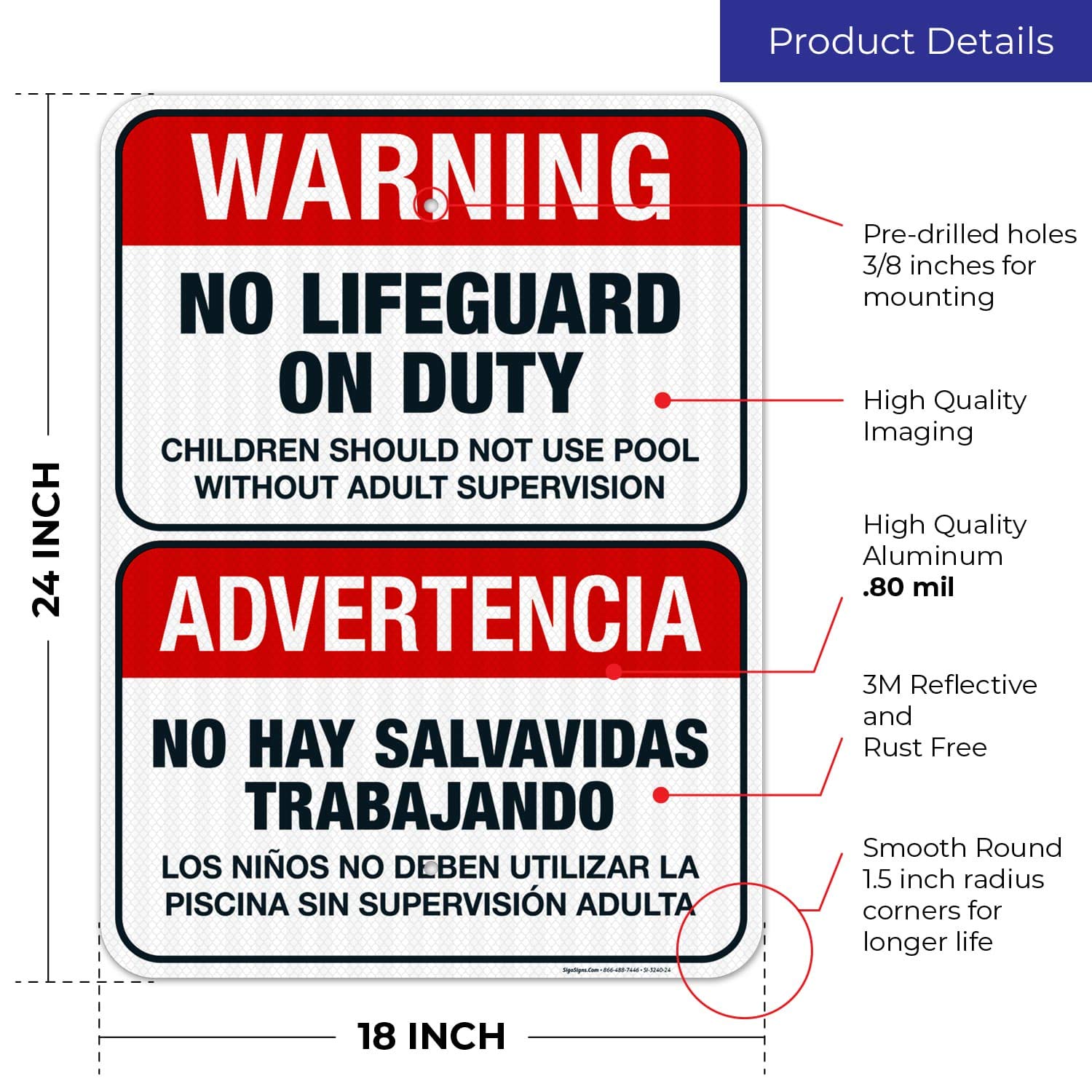 Bilingual No Lifeguard On Duty Sign - Spanish/English 18x24 Inch | 3M EGP Reflective .080 Aluminum | Fade Resistant & Easy Mounting | Indoor/Outdoor Safety Sign | Made in USA | Perfect for Pools, Beaches & Water Parks