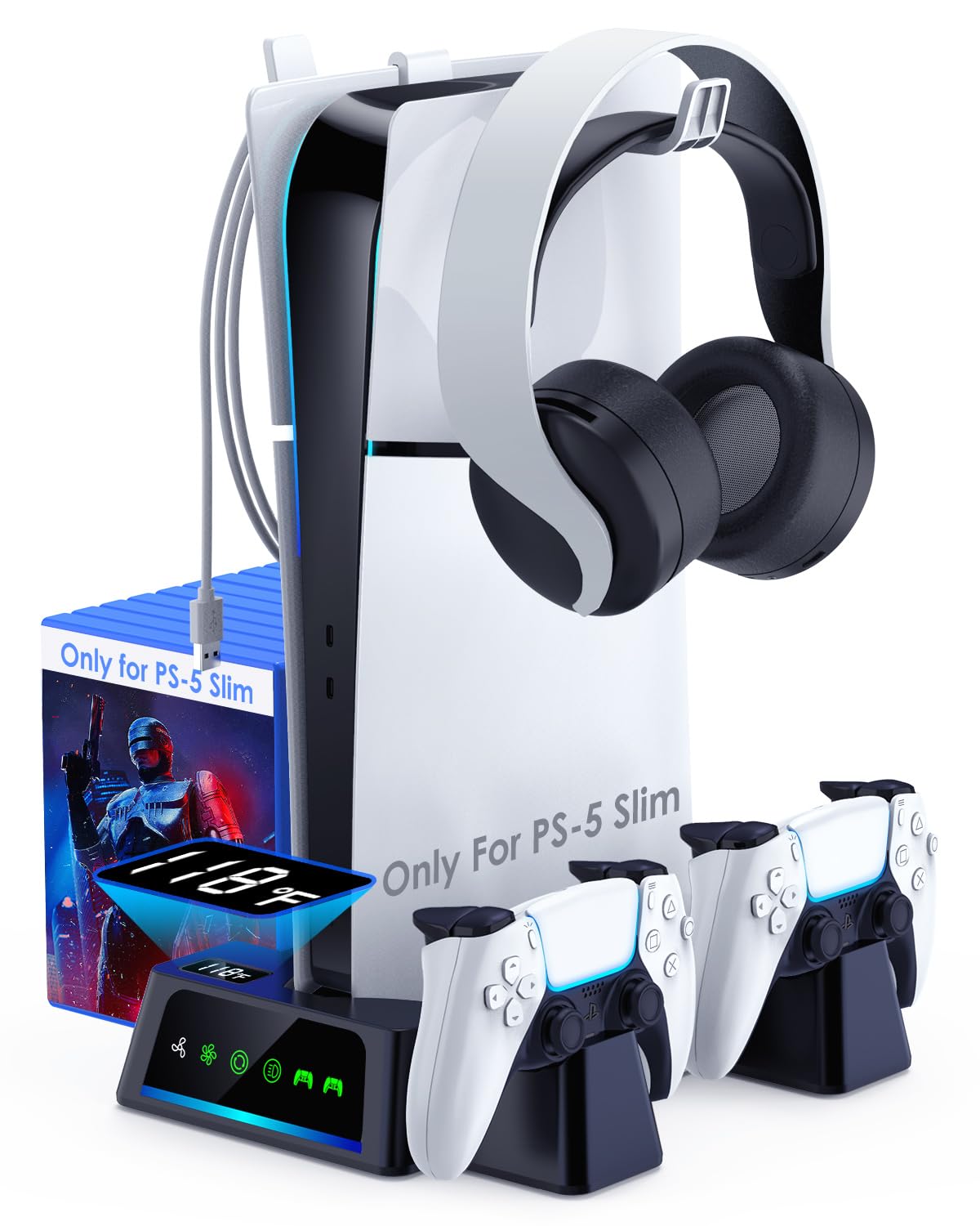 YOGES PS5 Slim Cooling Stand with Dual Controller Charger & Temperature Sensor - Fast 2H Charging Station, Cooling Fan Accessories for PlayStation 5 Slim (Black) - Perfect for Gaming Sessions & Controller Organization