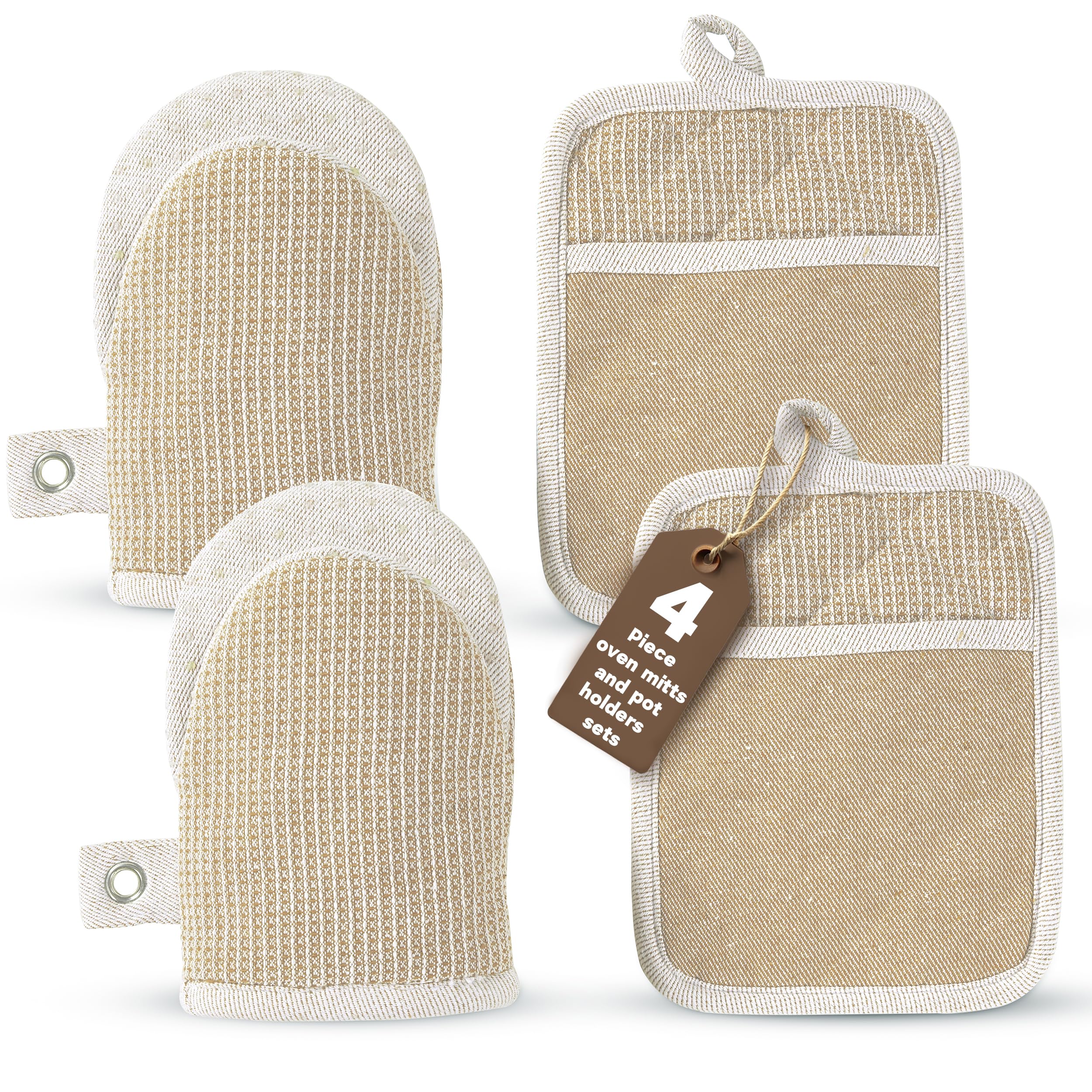 Premium 4-Piece Mini Oven Mitts & Silicone Pot Holders Set - Heat Resistant Up to 500°F for Cooking, Baking & BBQ - Non-Slip Kitchen Hot Pads - Machine Washable Beige - Perfect for Grilling, Baking Cookies & Handling Hot Pots