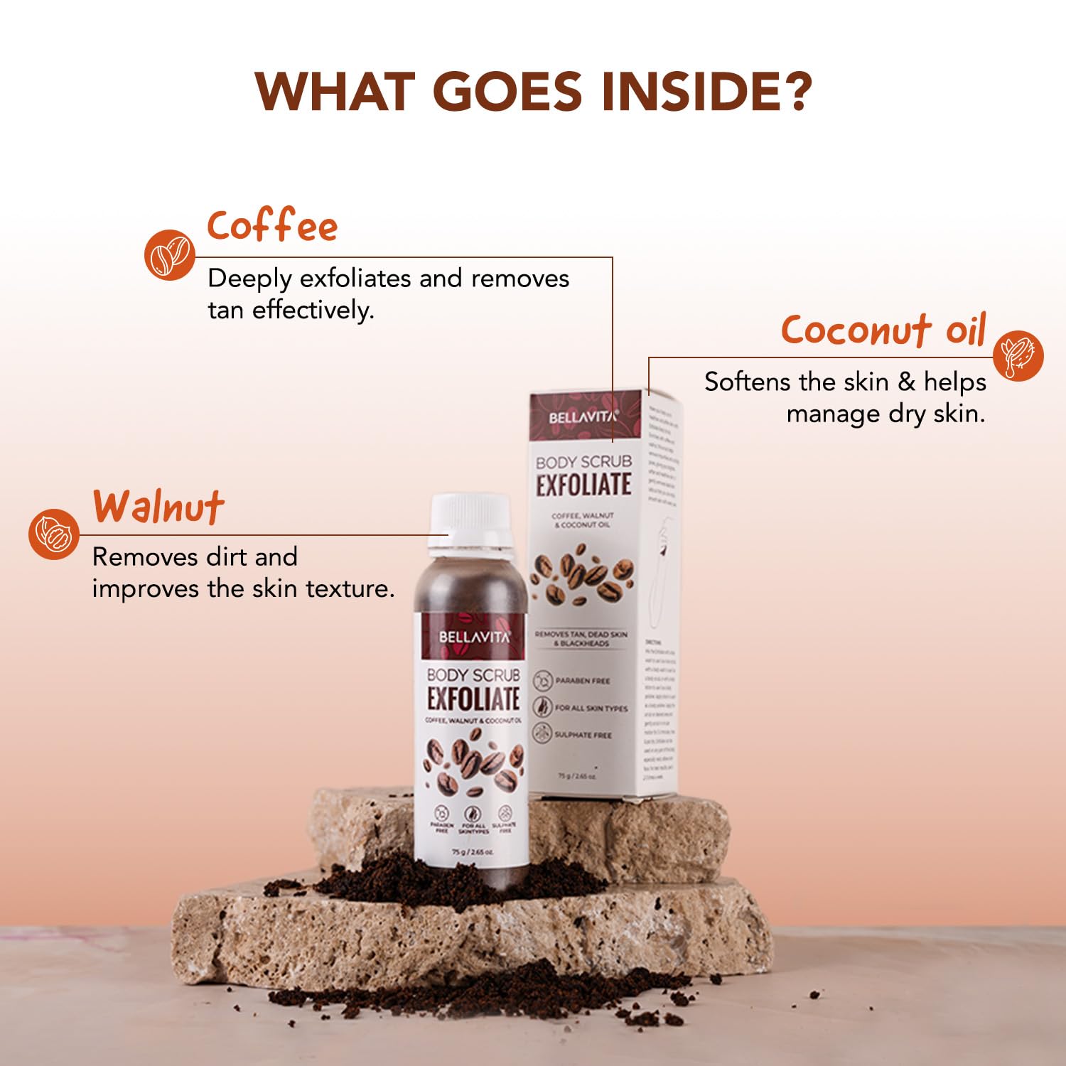 Organic Coffee Scrub for Face & Body - Exfoliating Blackhead Remover, Detan & Dirt Cleanser for Neck, Knees, Elbows & Arms - Ayurvedic Skincare Treatment - Pack of 2 (75g Each) - Perfect for Spa Day, Post-Workout Refresh & Glowing Skin Routine