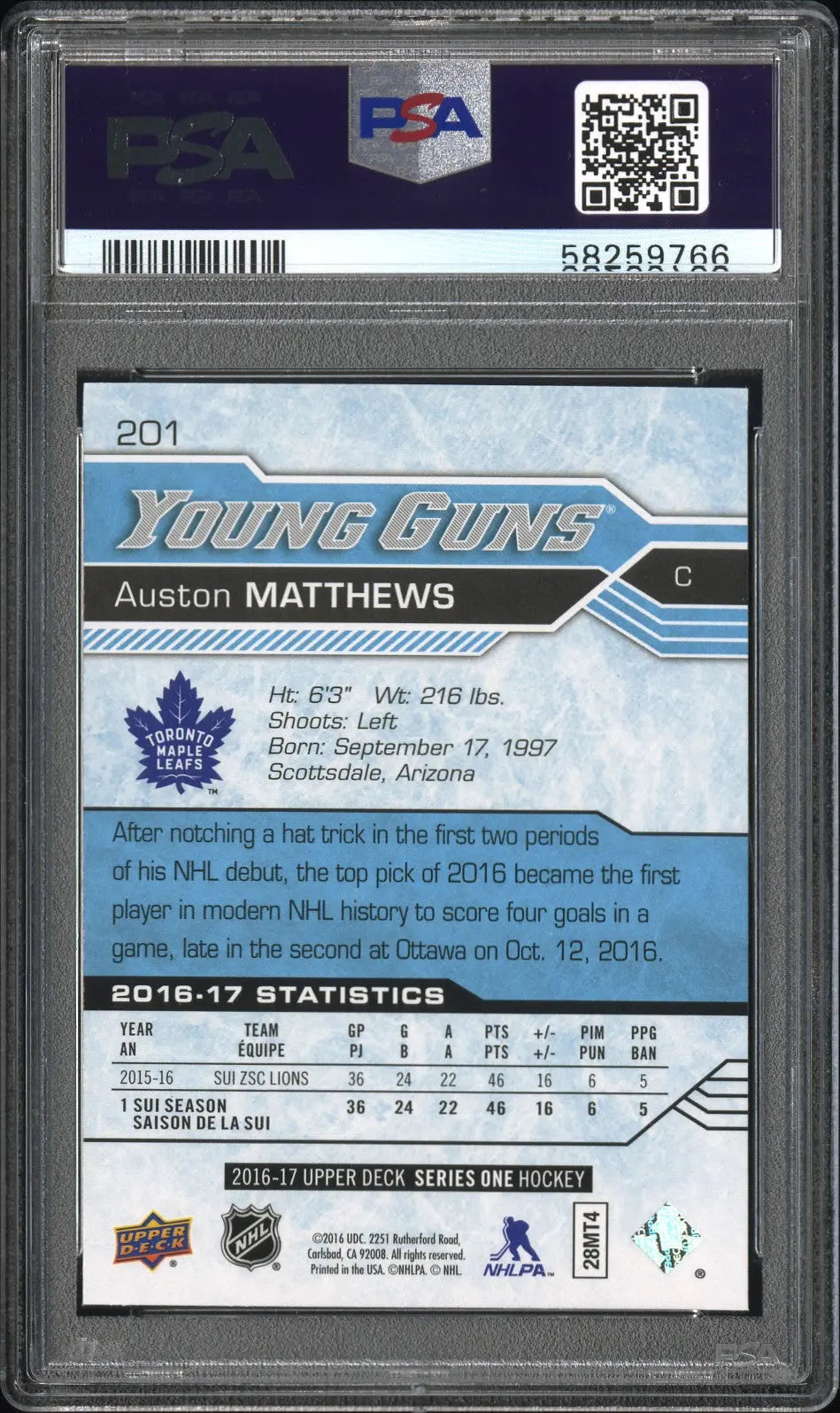 2016-17 Upper Deck Series One Hockey Auston Matthews Young Guns PSA 10 #201 Rookie Card - Perfect for Collectors & Hockey Fans, Great for Display & Investment