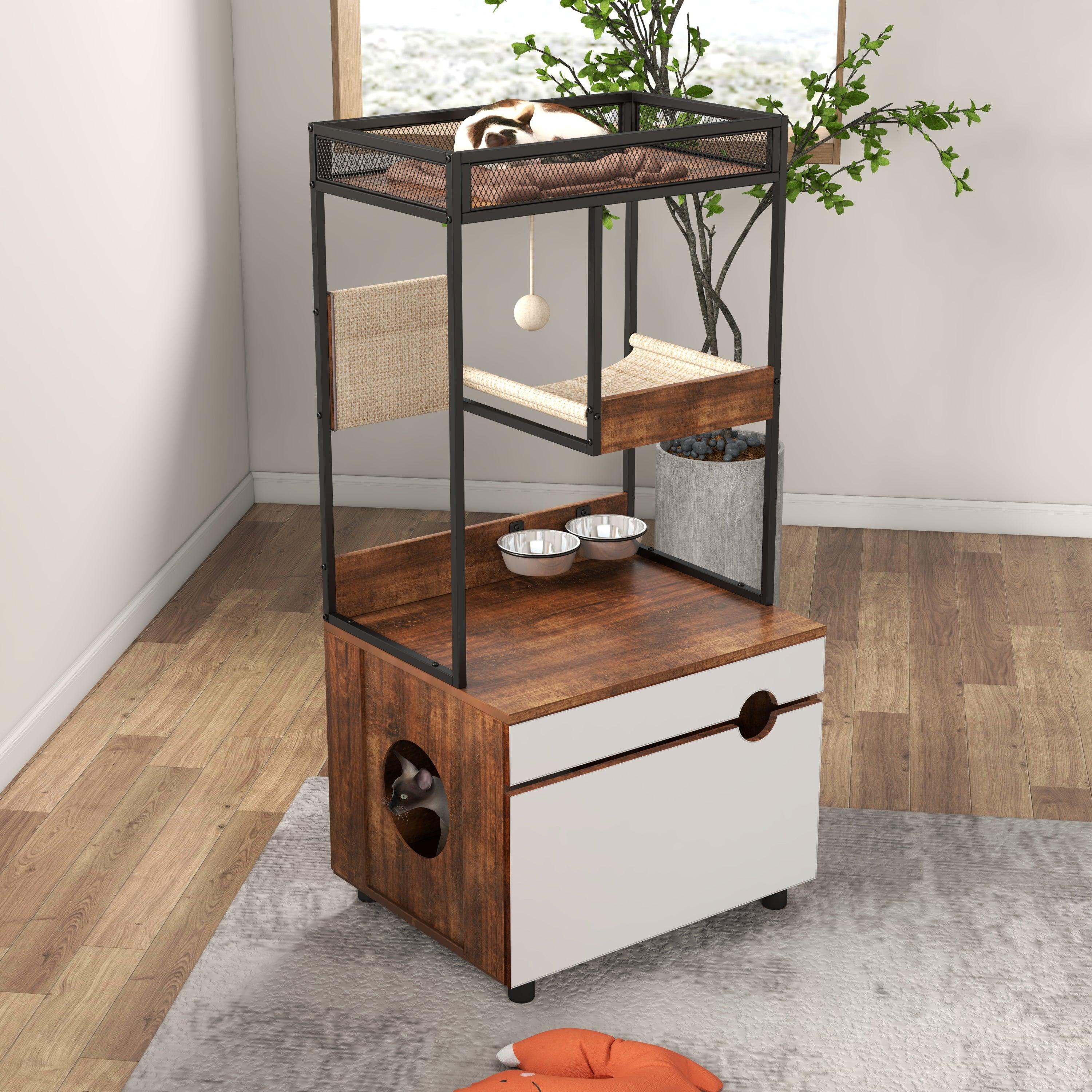 Cat Litter Box Enclosure with Cat Tree Tower - Modern Cat Furniture Cabinet for Home Decor | Perfect for Small Spaces & Multi-Cat Households