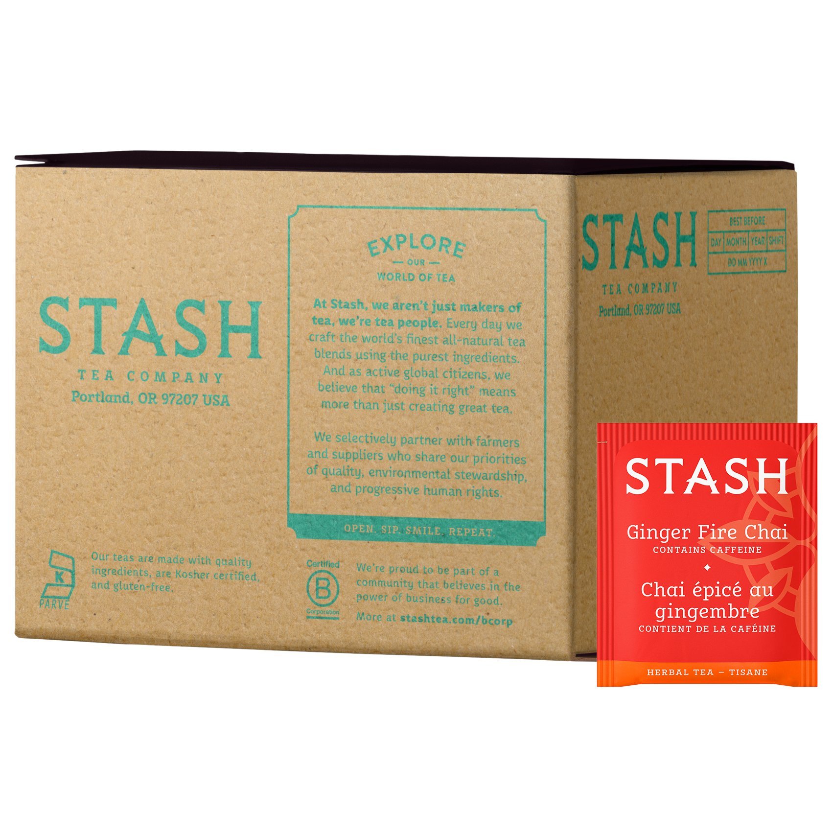 Stash Tea Ginger Fire Chai Herbal Tea - Caffeinated, Non-GMO, Premium Loose Leaf Tea Bags (100 Count Bulk) | Perfect for Morning Energy Boost & Afternoon Relaxation