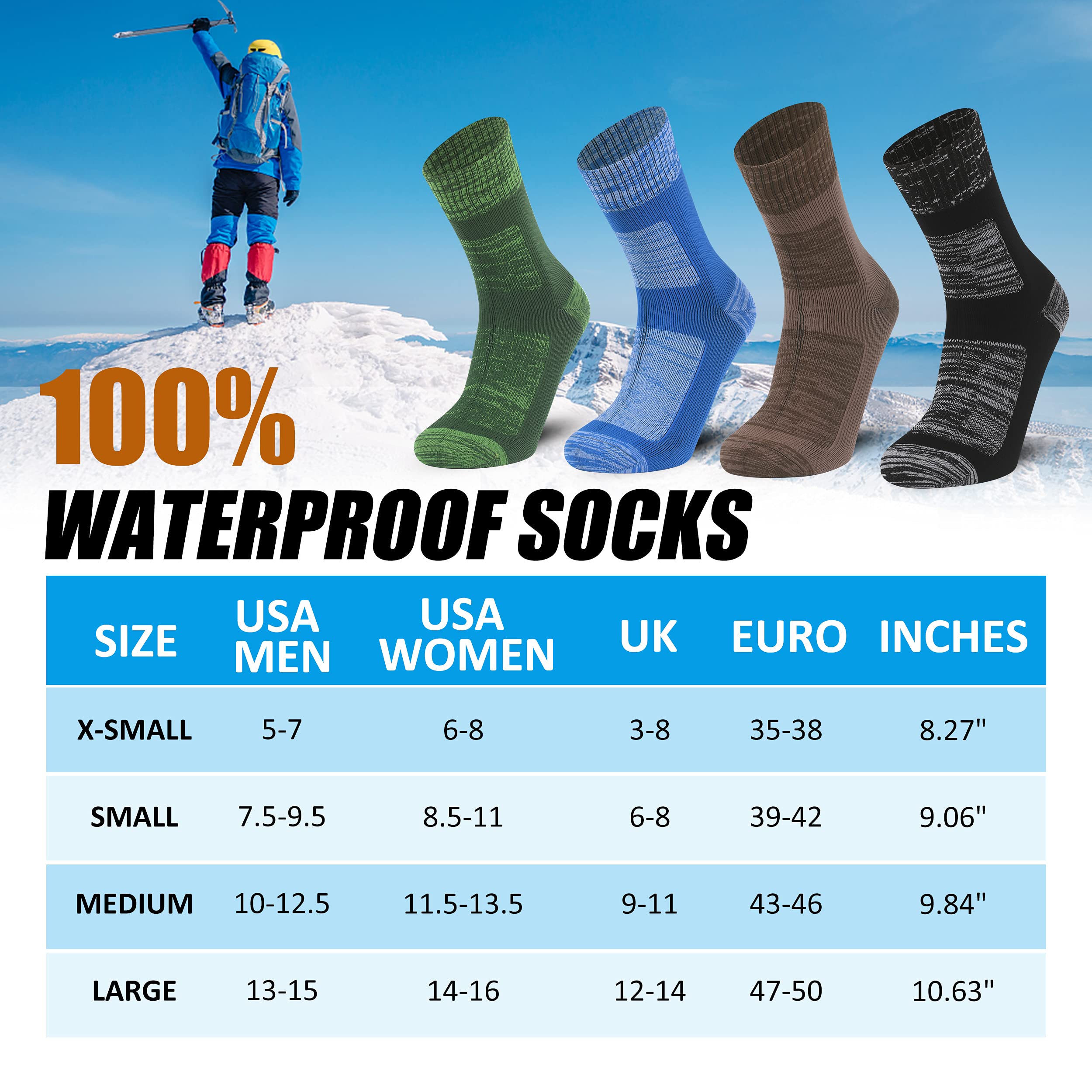 Waterproof Socks for Men & Women - Breathable Cushioned Outdoor Sports Socks for Hiking, Running, Skiing & Wading - All-Weather Crew Boot Socks for Cold & Wet Conditions