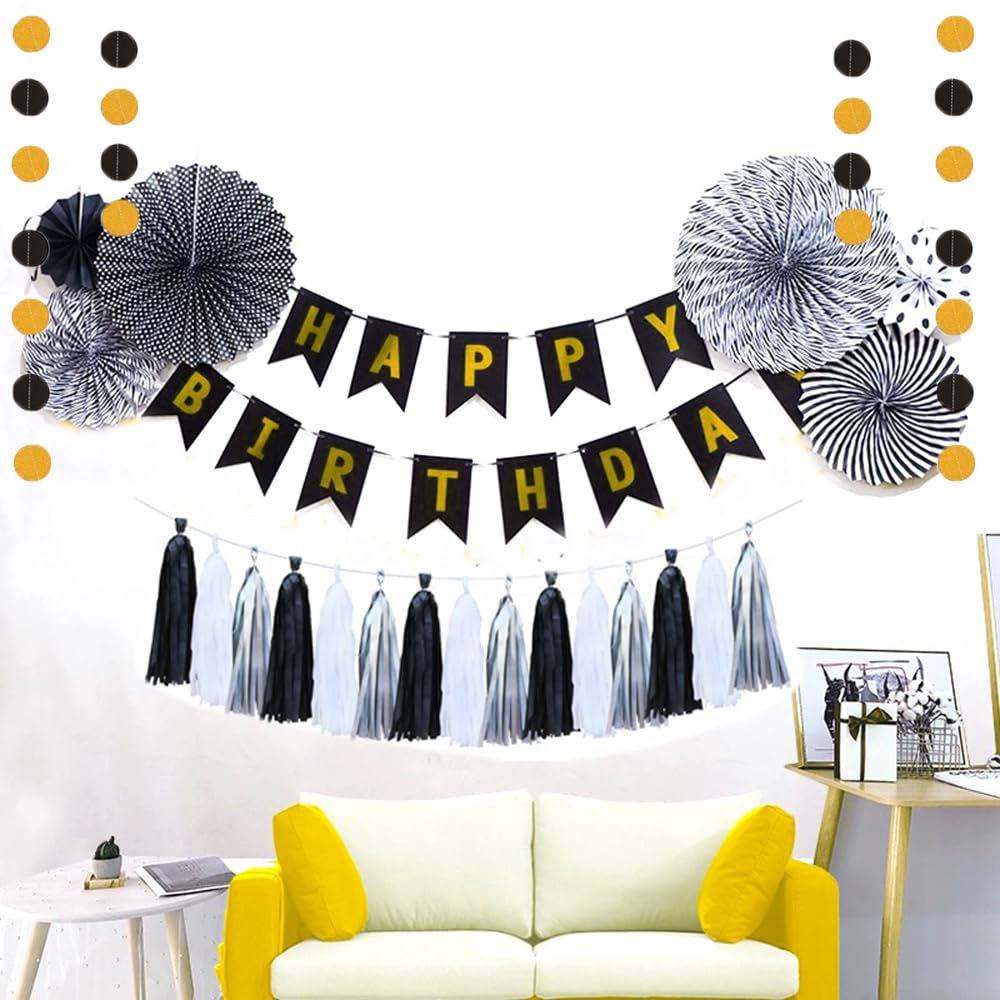 Black and Gold Happy Birthday Banner for Men - Premium Birthday Party Decorations with Paper Fans, Tassels & Dot Garland - Perfect for Adult Birthday Parties, Milestone Celebrations & Man Cave Decor