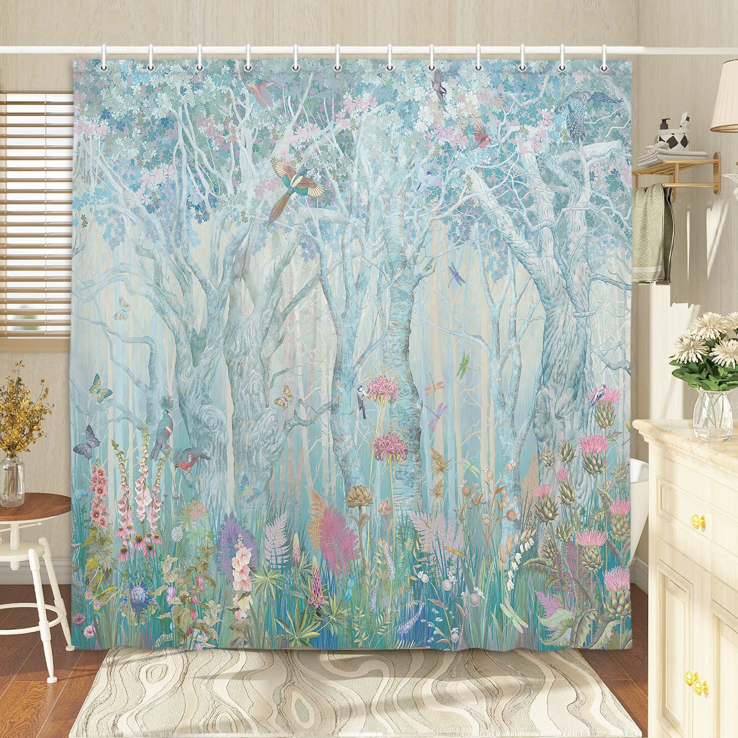 Enchanted Forest Shower Curtain - Vibrant Fairytale Woodland Jungle Design with Trees, Birds & Flowers - 69x70 Inch Waterproof Fabric Bathroom Decor for Christmas & Year-Round Use - Perfect for Kids' Bathrooms, Nursery Decor or Fantasy-Themed Home Design
