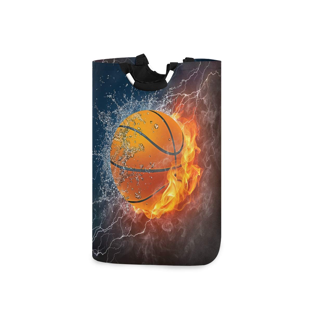 Blueangle 22.7’’ Basketball Design Waterproof Foldable Laundry Hamper - Durable Clothes & Toy Storage Organizer with Fire & Water Pattern - Perfect for Bedroom, Dorm, Kids Room & Sports Locker Organization