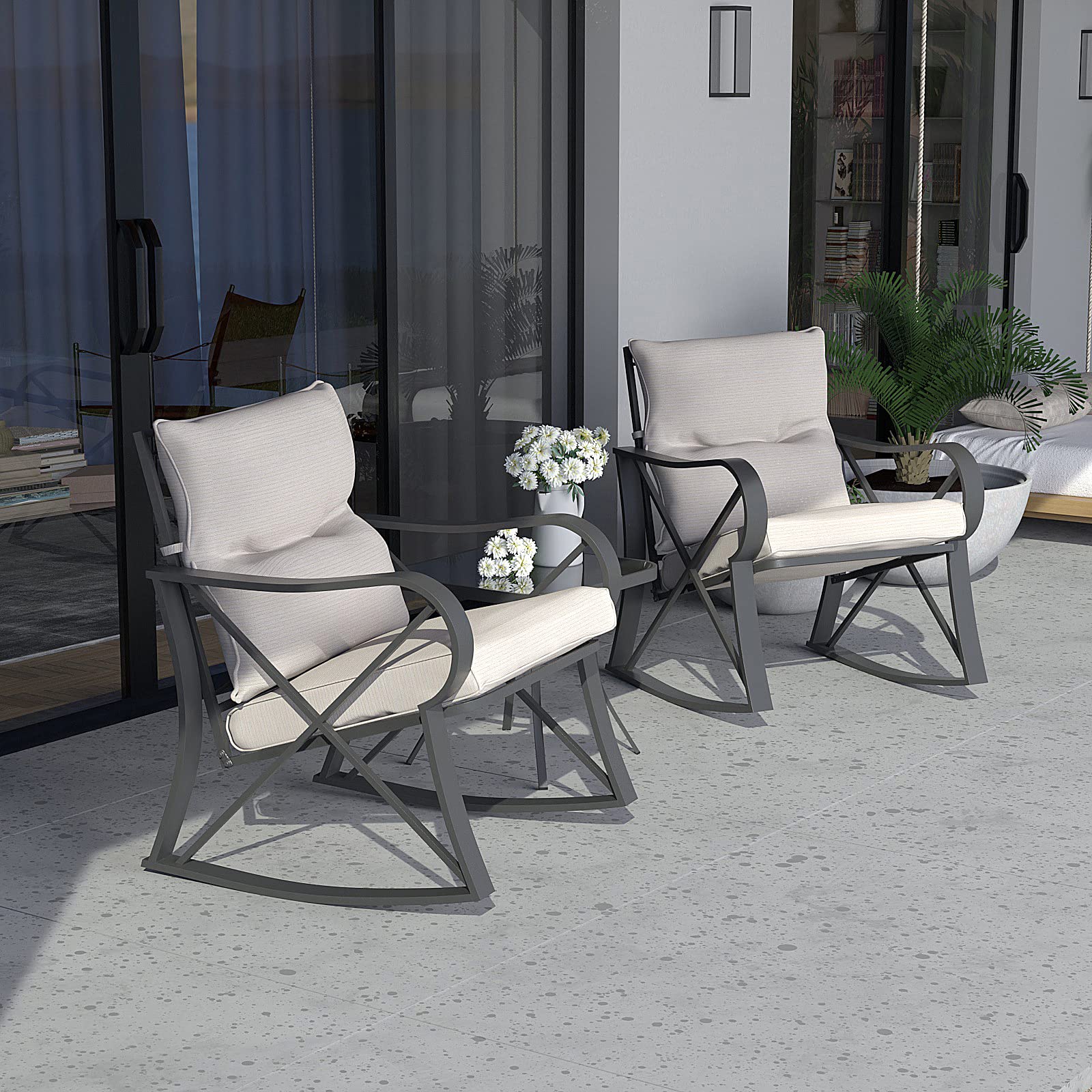 SUNBURY 3-Piece Outdoor Rocking Bistro Set with Light Beige Cushions & Glass Coffee Table - Patio Furniture for Garden, Yard, or Balcony - Perfect for Relaxing, Entertaining & Enjoying Morning Coffee