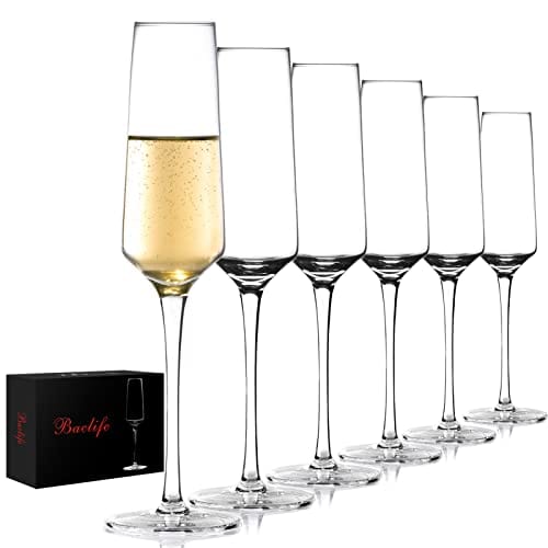 BACLIFE Hand Blown Champagne Flutes Set of 6 - 7oz Elegant Crystal Clear Wine Glasses for Wedding, Birthday & Anniversary Gifts | Perfect for Wine Tasting, Parties & Daily Use