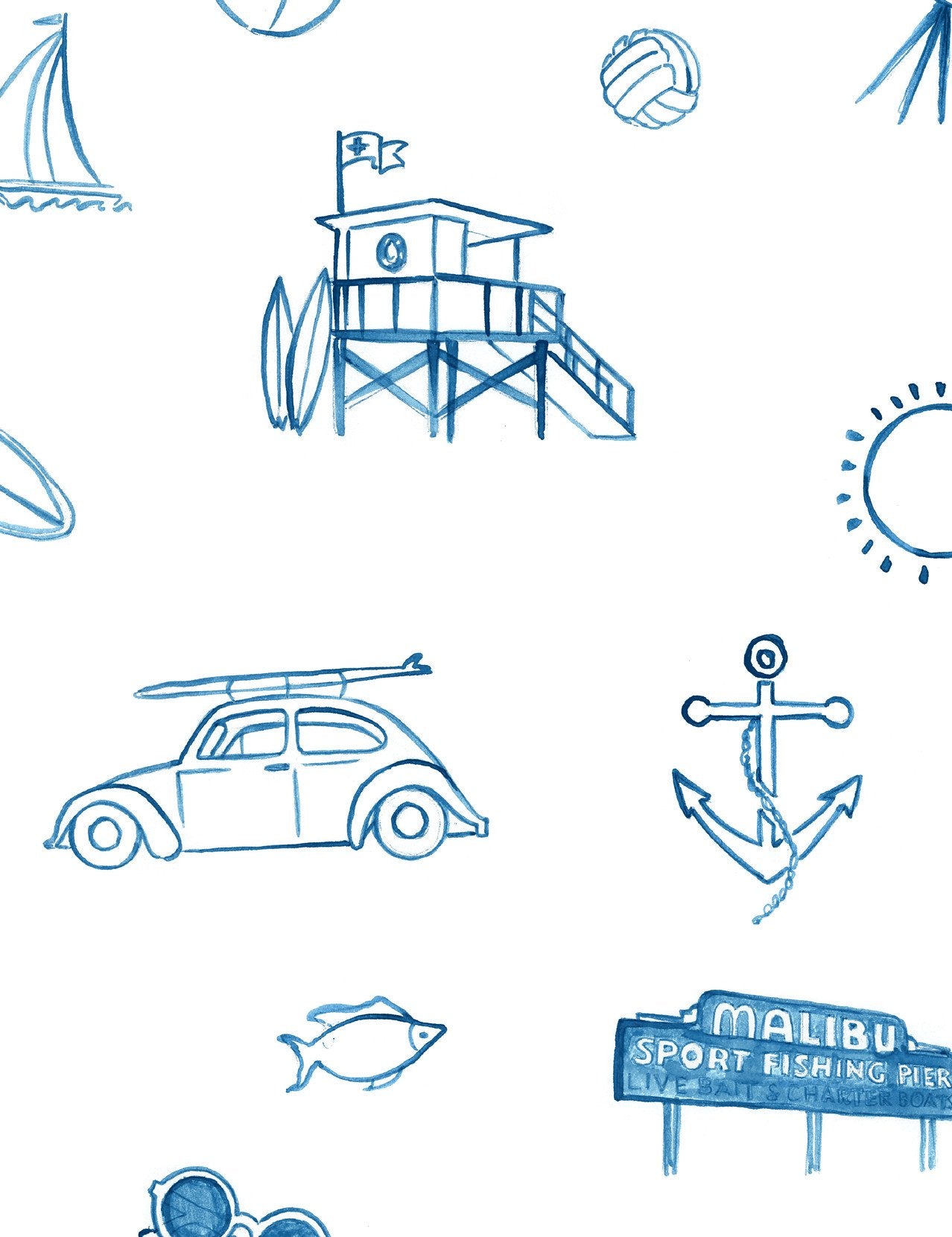 Nathan Turner 'Malibu' Blue and White Wallpaper - Perfect for Coastal, Beach, and Nautical Home Decor