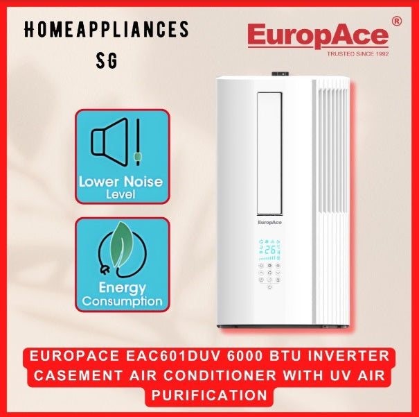 EuropAce EAC601DUV 6000 BTU Inverter Casement Window AC with UV Air Purification - Energy Efficient Cooling for Small Rooms, Bedrooms & Apartments