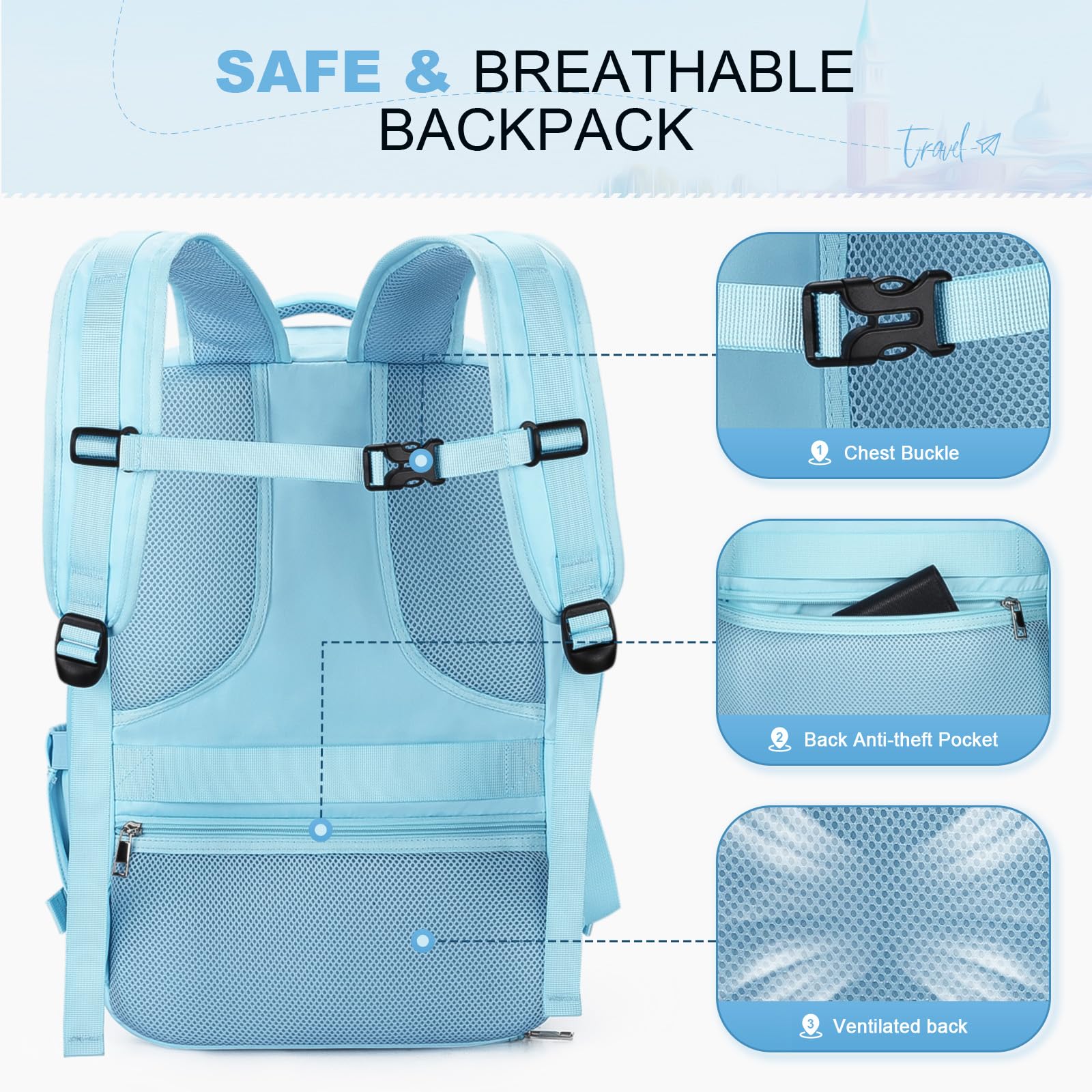 25L Waterproof Travel Backpack for Women & Men - Maelstrom Laptop Backpack Fits 17-Inch Computer with Detachable Crossbody Bag & Shoe Compartment - Light Blue Carry-On Backpack for Airplane Travel, Business Trips & Daily Commute