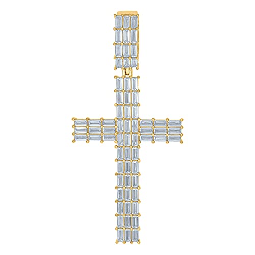 925 Sterling Silver Men's Cross Pendant Necklace - Yellow Tone Baguette CZ Cubic Zirconia Simulated Diamond Religious Jewelry Gift for Him | Perfect for Baptism, Confirmation, Church Events & Daily Wear