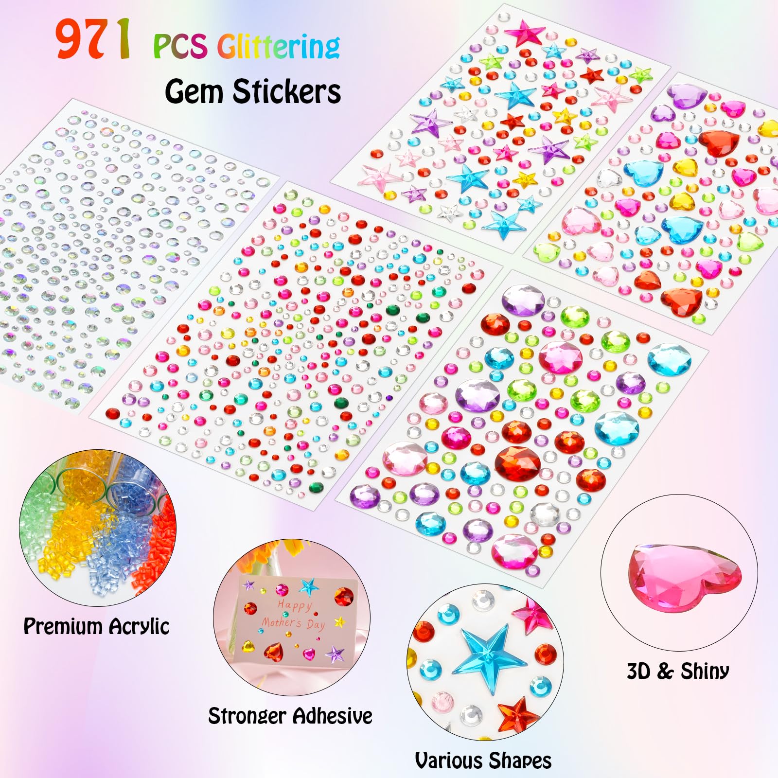 971 Pcs Gem Stickers - Sparkling Star Heart Round Small Stickers for Kids & Adults | Glitter Cute DIY Craft Stickers for Face, Eyes, Body Makeup, Scrapbooking, Nail Art, Phone Case Decoration, Kids Reward & Party Favors | Waterproof Acrylic Rhinestone Jewel Stickers for DIY Projects & Creative Decor