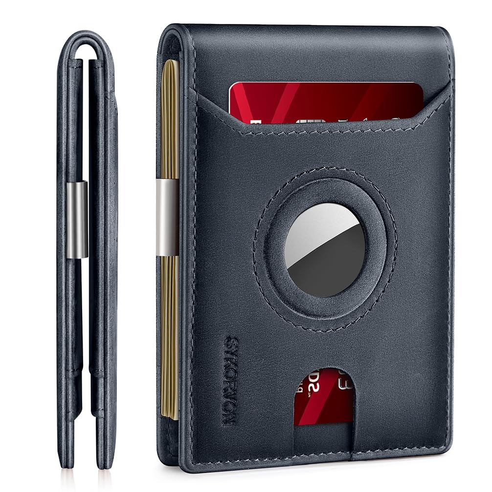 Minimalist Front Pocket Wallet for Men with AirTag Holder - Genuine Leather Bifold Slim RFID Blocking Wallet Holds 11 Cards (AirTag Not Included) - Perfect for Travel, Daily Use & Contactless Security