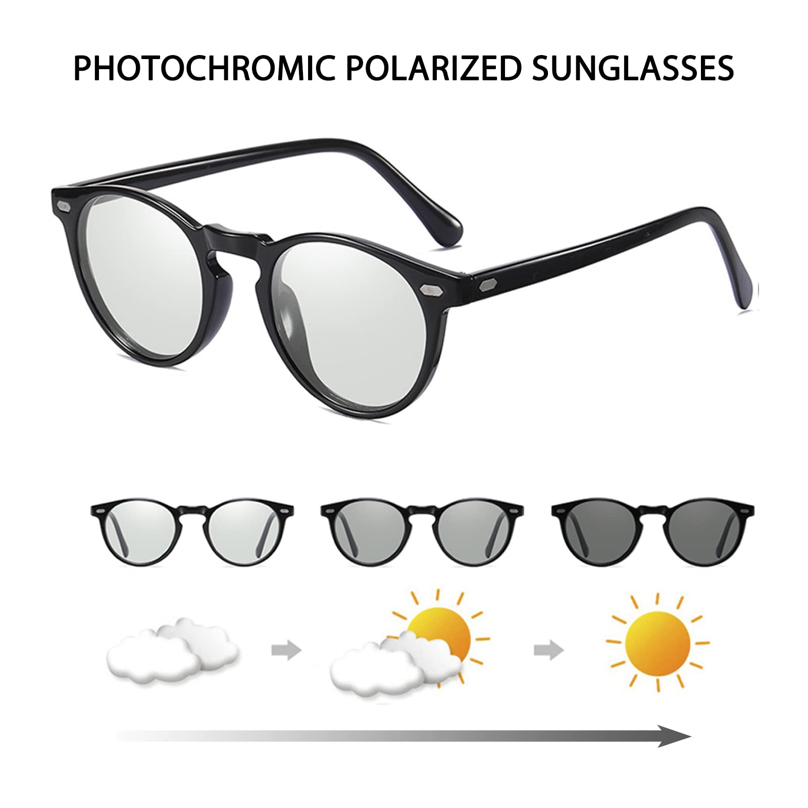 Photochromic Polarized Sunglasses for Men & Women - UV Protection Round Clear Lens Driving Glasses - Anti Glare Eyewear for Outdoor Sports, Cycling & Daily Wear