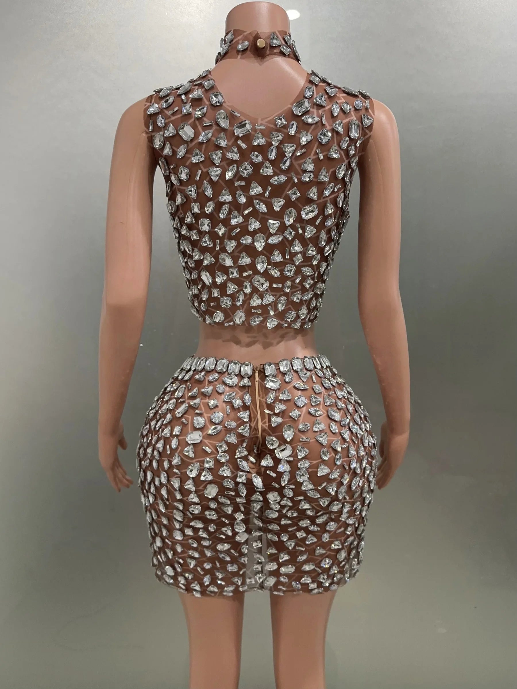 Sexy Crystal Mesh See-Through Mini Bodycon Dress 2 Piece Set for Women - Clubwear, Performance Costume, Birthday Party Outfit & Nightlife Fashion