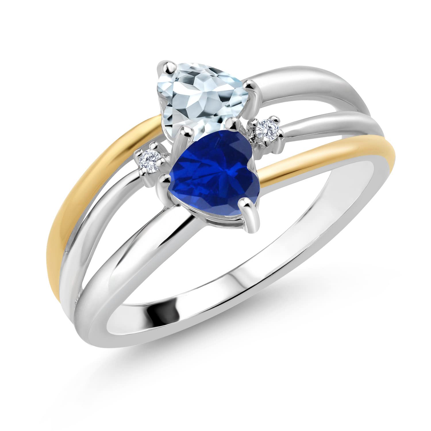 0.94 Ct Sky Blue Aquamarine & Created Sapphire Ring in 925 Sterling Silver & 10K Yellow Gold - Elegant Birthstone Jewelry for Women, Perfect for Engagement, Anniversary & Everyday Wear
