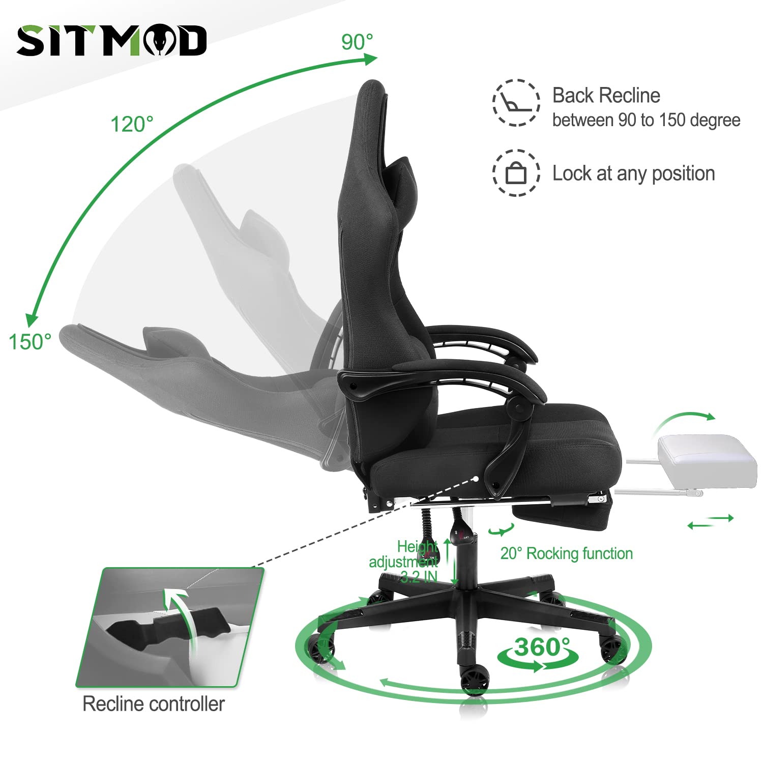 SITMOD Ergonomic Gaming Chair with Footrest & Lumbar Support - Adjustable Height 360° Swivel Office Computer Chair for Big & Tall Adults - Perfect for Home Gaming Setup, Workstation & Office Use (Black)
