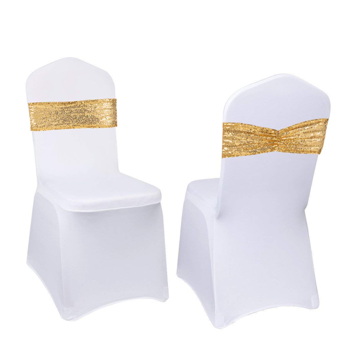 50 Gold Sequin Chair Sashes - Elegant Wedding Chair Covers, Banquet Decor & Party Table Runners for Bridal Showers, Anniversary Celebrations and Special Events