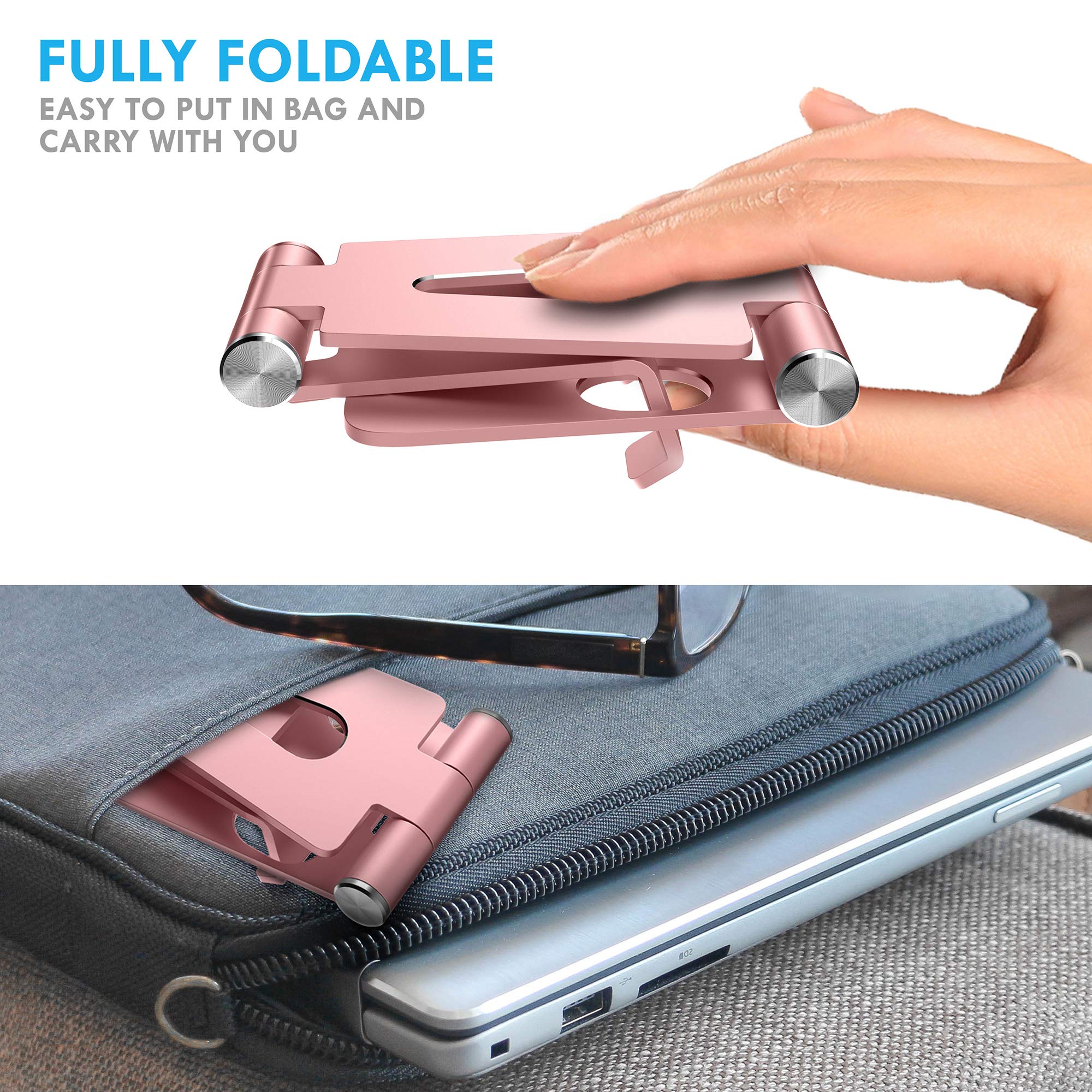 Aduro U-Rise Adjustable & Foldable Aluminum Phone Stand - Universal Smartphone Holder for Desk, Table, Office, Home - Rose Gold | Perfect for Watching Videos, Video Calls & Hands-Free Use