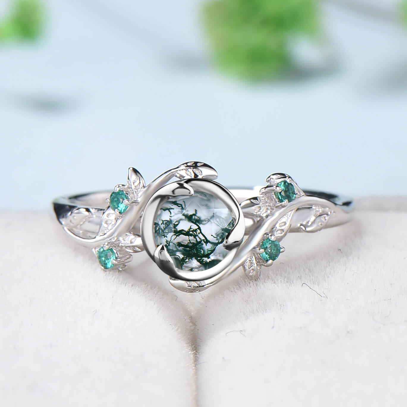 Vintage Moss Agate Engagement Ring in Rose Gold - Nature Inspired Twig Design with Green Agate Leaf Accents, Wedding Band, Cluster Emerald Branch Style, Perfect Anniversary Gift for Her - Ideal for Proposals, Weddings & Romantic Occasions