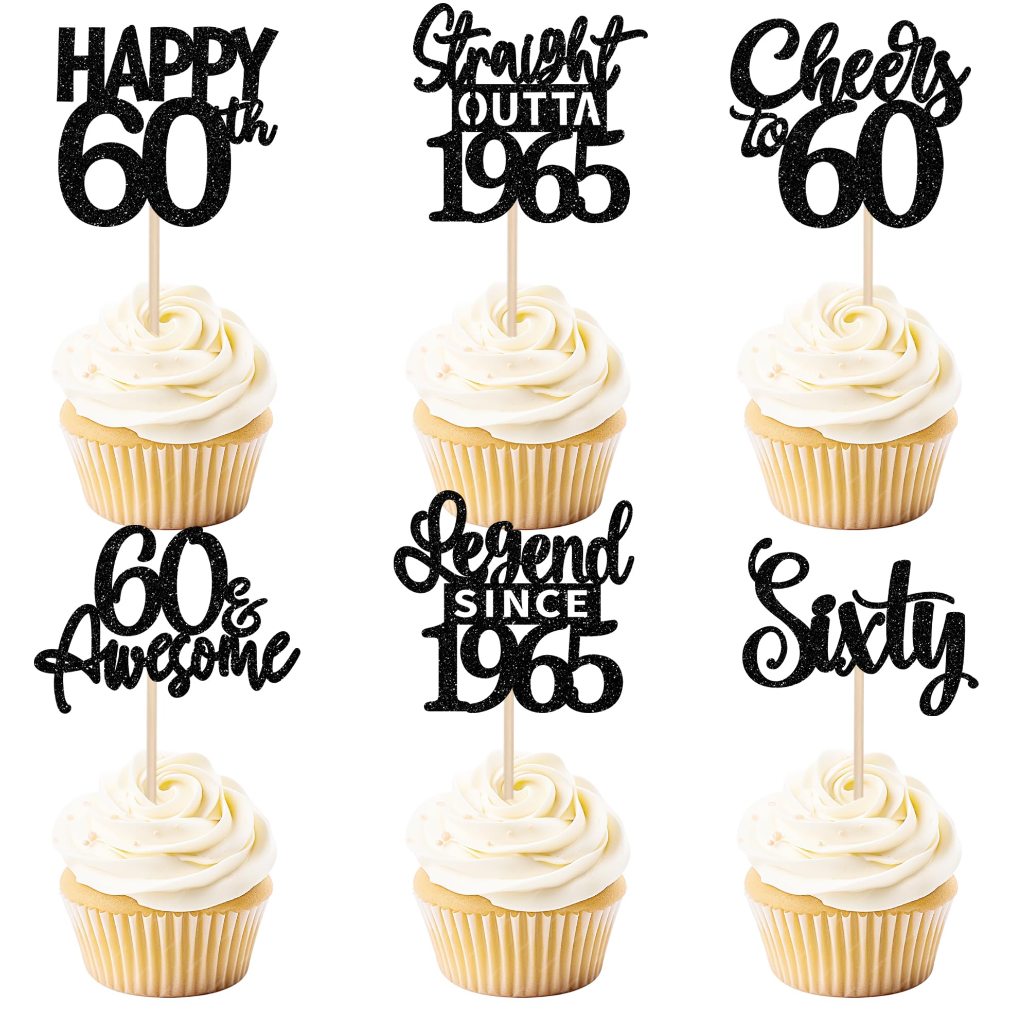 24PCS Black Happy 60th Birthday Cupcake Toppers - Sixty Straight Outta 1965 Cake Decorations for 60th Birthday Party Supplies - Perfect for Anniversary Celebrations, Retirement Parties & Milestone Decorations