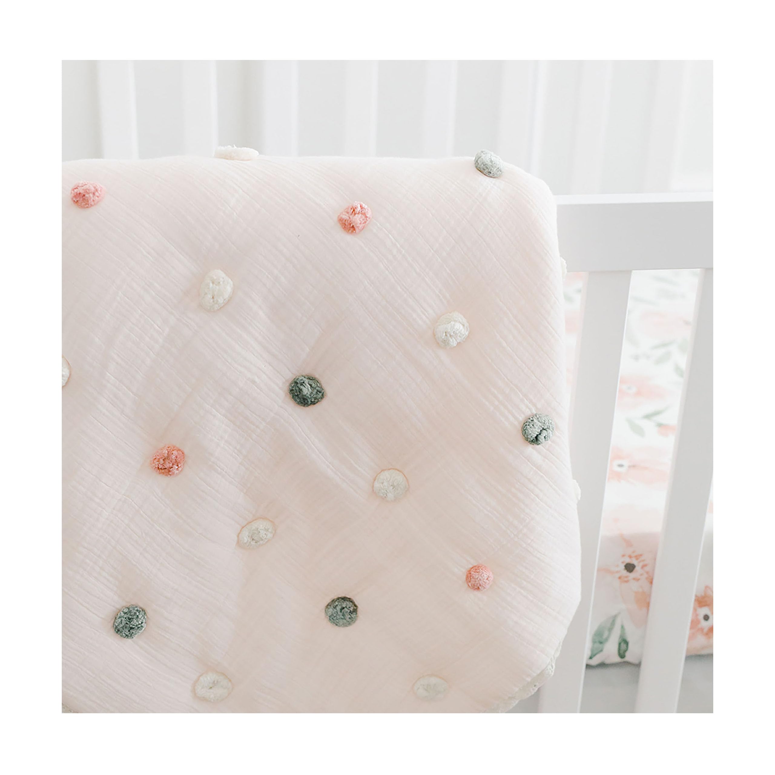 Soft Cotton Crane Baby Blanket with Pom Poms - 36