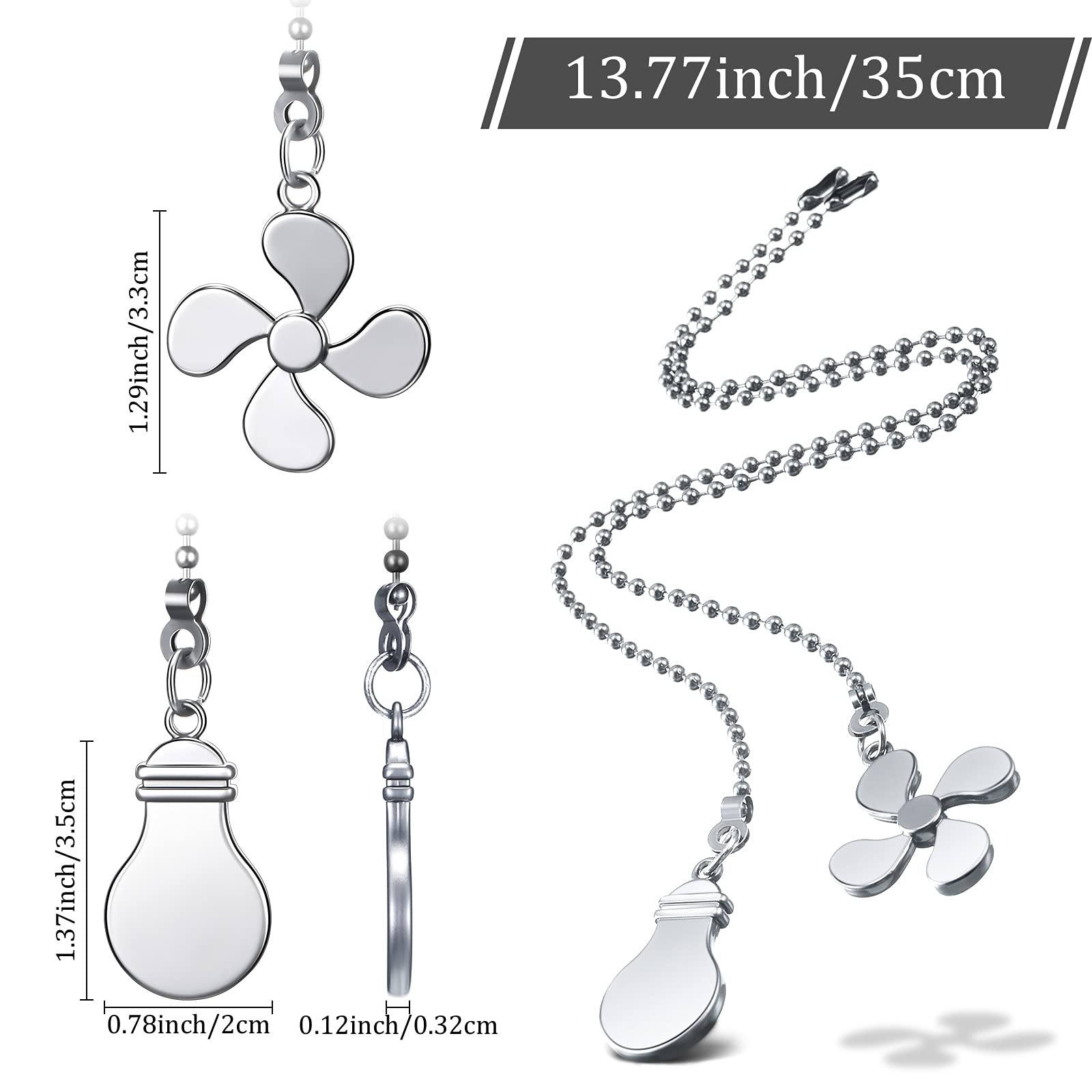 12 Inch Decorative Ceiling Fan Pull Chain Extension - Silver Pull Chain Extender with Fan & Light Bulb Connector (4 Pack) - Perfect for Bedroom, Living Room & Home Decor