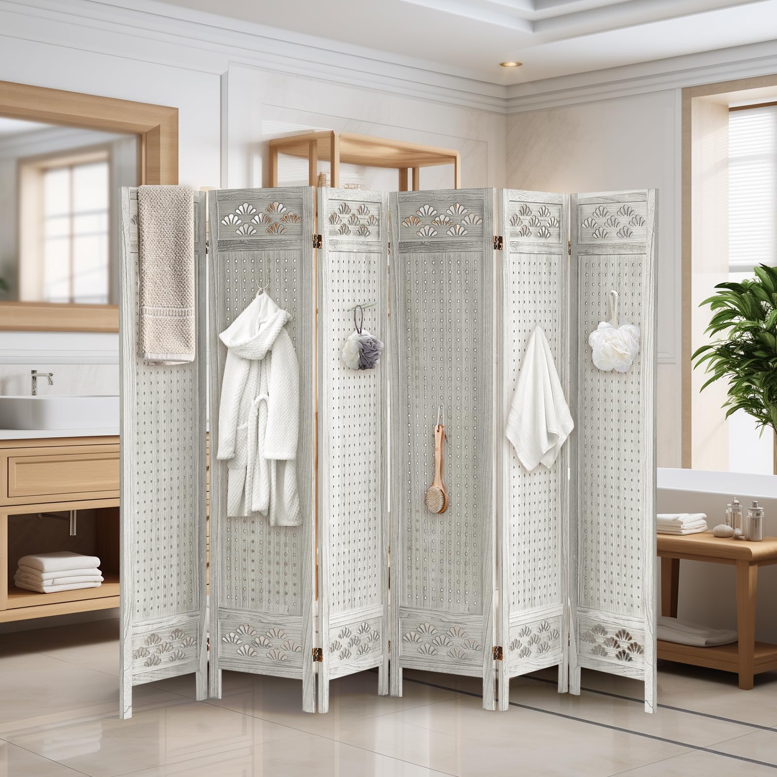 6 Panel Wooden Room Divider with Pegboard & 24 Hooks - Portable Folding Privacy Screen for Craft Shows, Jewelry Displays, Home & Store Organization - Perfect for Bedroom Partition, Retail Displays & Event Booths