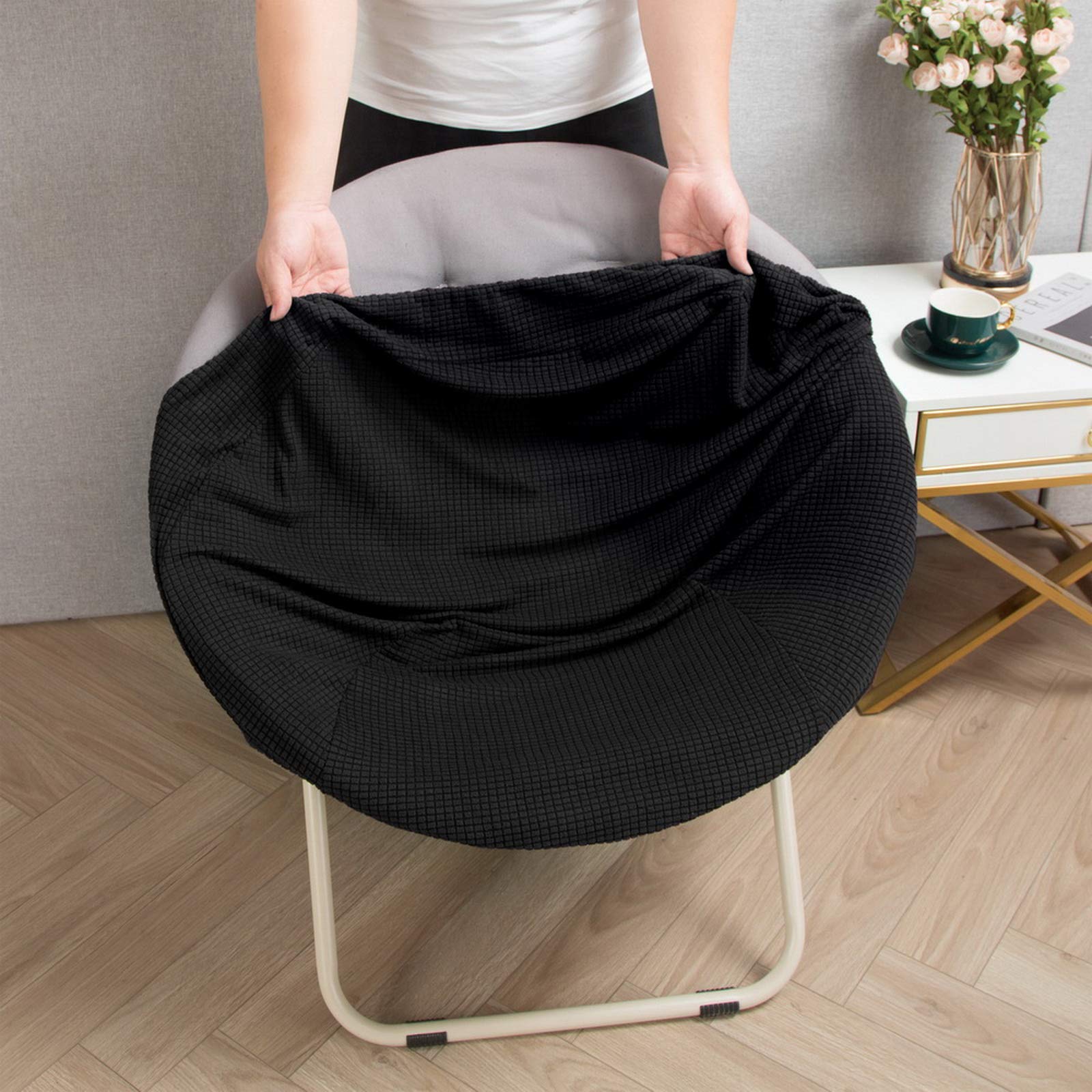 Hoomall Round Saucer Chair Cover Slipcover - Stretch Jacquard Moon Chair Slipcovers for Adults, Removable Spandex Fabric Soft Chair Covers (Black) - Perfect for Living Room, Bedroom, Dorm & Outdoor Use