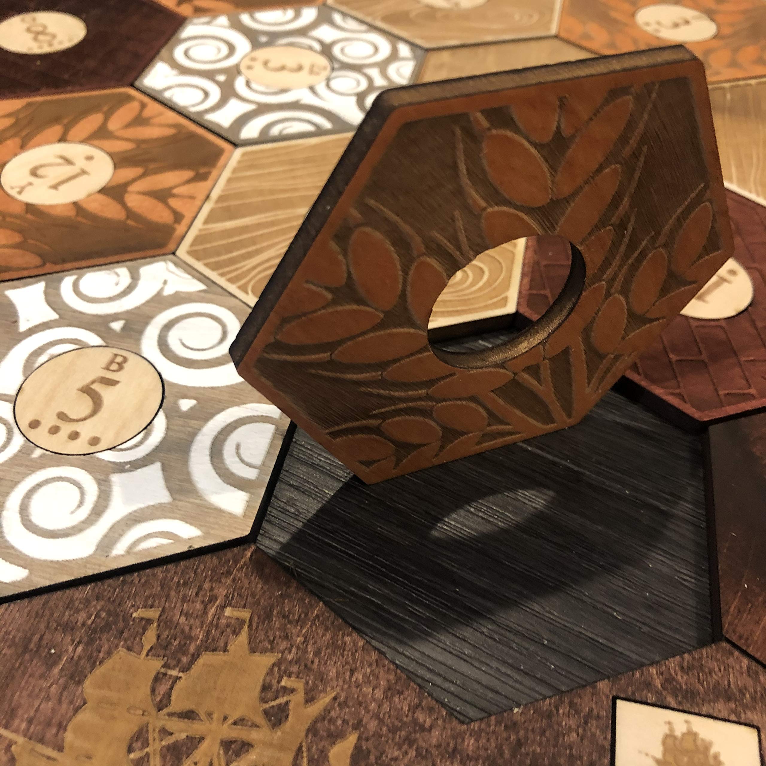Custom Laser Etched Wooden Game Board with Stained Finish - Compatible with Settlers of Catan 5-6 Player Expansion | Includes Terrain, Border & Number Tokens | Perfect for Family Game Nights & Strategy Board Game Enthusiasts