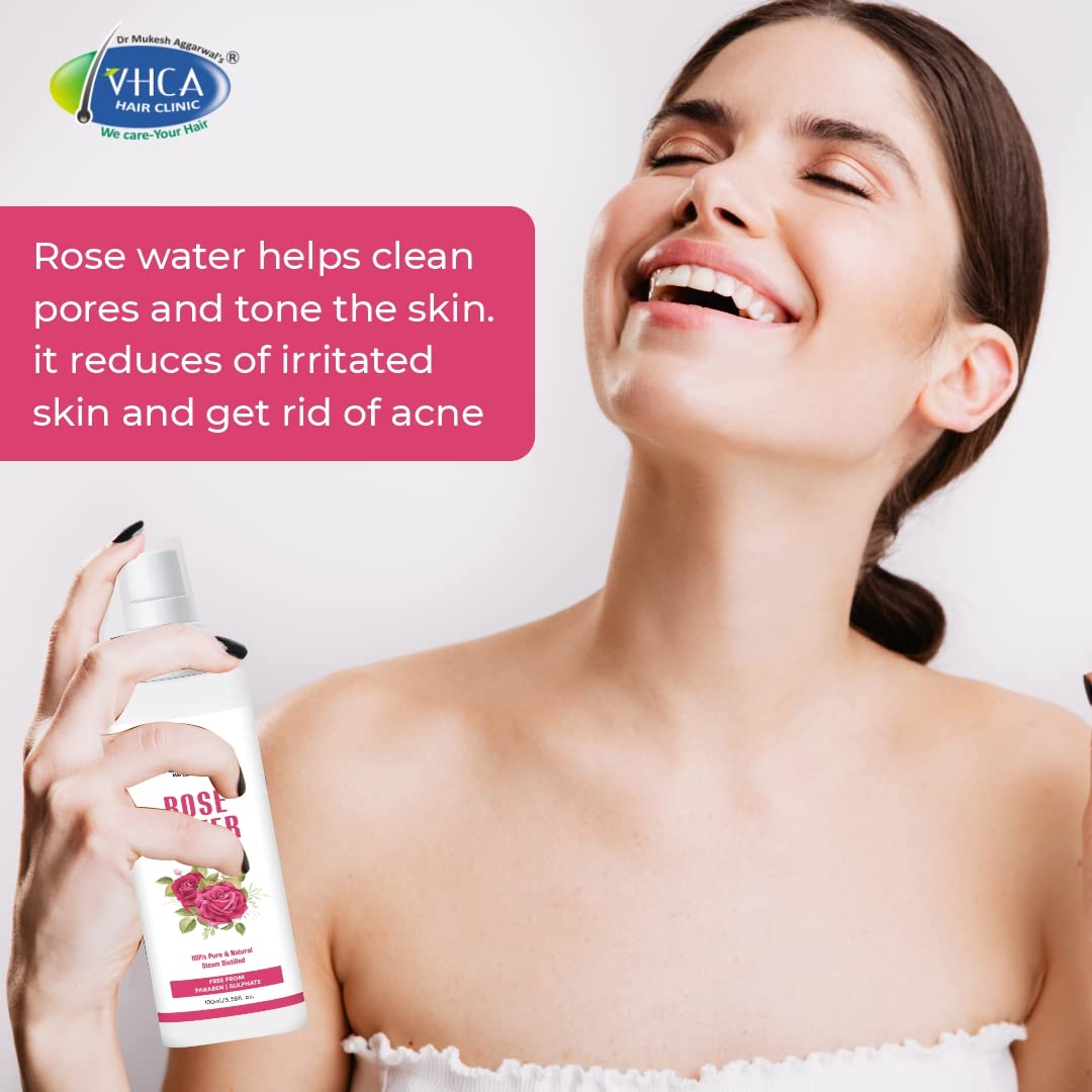 VHCA Rose Water Facial Spray | 100% Pure Distilled Rose Water for Oily, Dry & Normal Skin | Hydrating & Refreshing Toner for Men & Women | Perfect for Daily Skincare, Makeup Setting & Post-Workout Refreshment