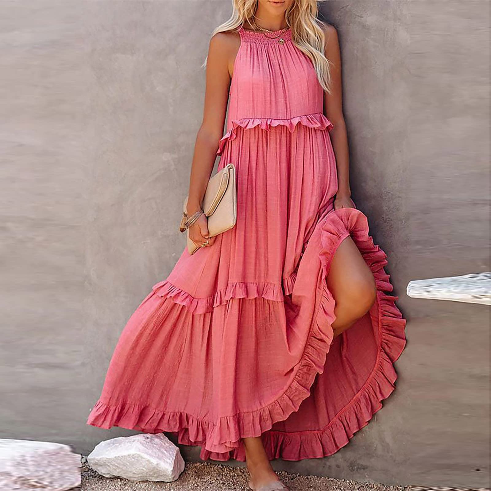 Women's High Neck Ruffle Tiered Maxi Dress - Boho Beach Sundress with Pleated Layered Design for Spring 2025 | Perfect for Vacations, Summer Outings & Casual Wear
