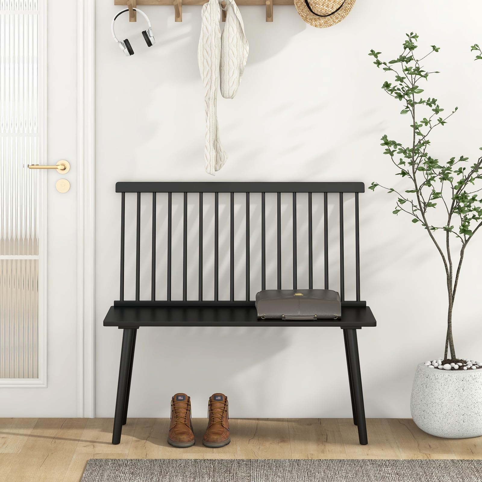 Giantex Black Windsor Dining Bench with Spindle Back & Anti-Slip Foot Pads - Farmhouse Style Rubber Wood Entryway Bench for Living Room, Dining Room, Hallway - Perfect for Farmhouse Decor, Small Space Seating & Cozy Home Entryways
