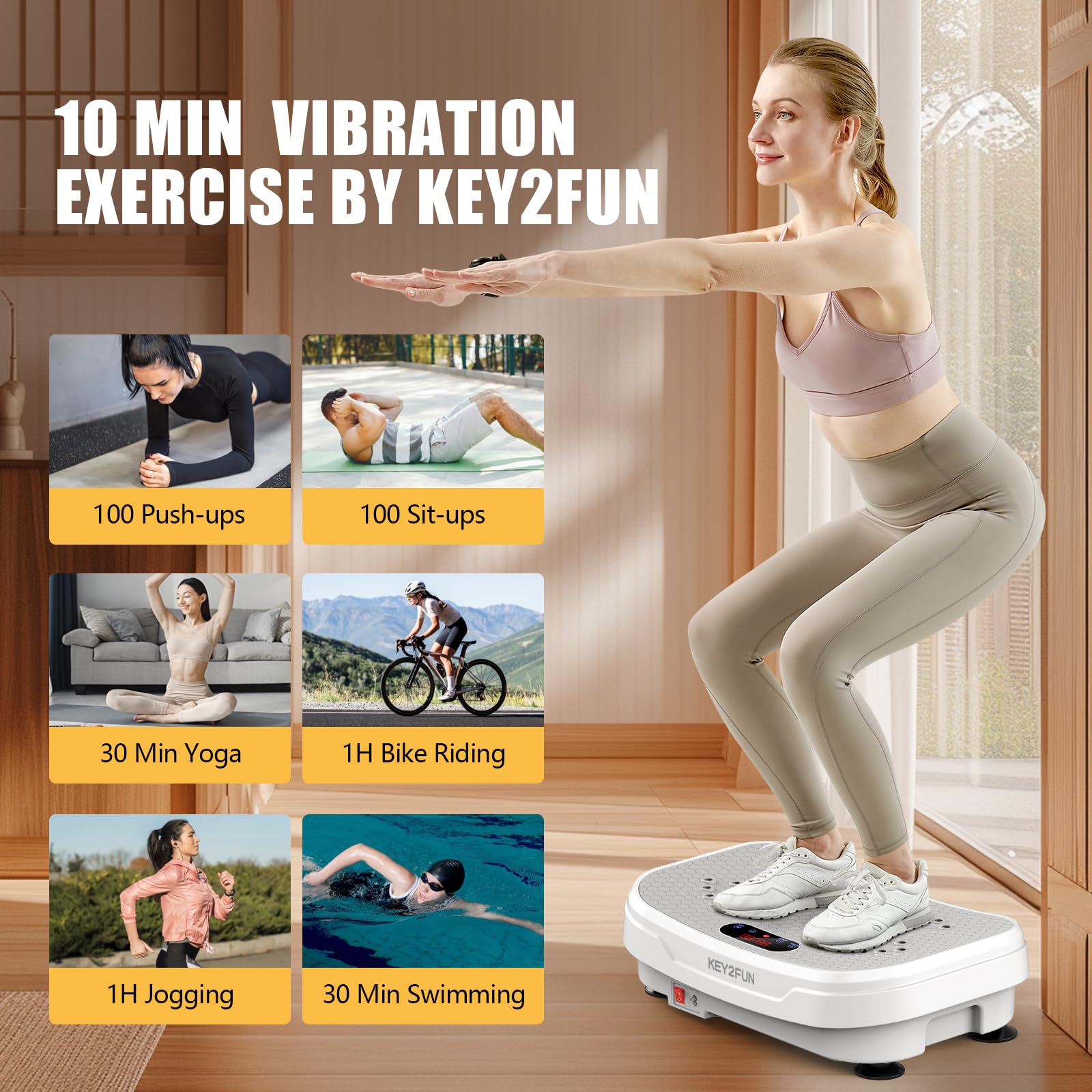 KEY2FUN 2025 Upgraded Vibration Plate Exercise Machine - Large-Size Vibrating Platform for Lymphatic Drainage & Home Fitness with Resistance Bands, 330LBS Capacity - Perfect for Weight Loss, Muscle Toning, and Circulation Improvement at Home or Gym