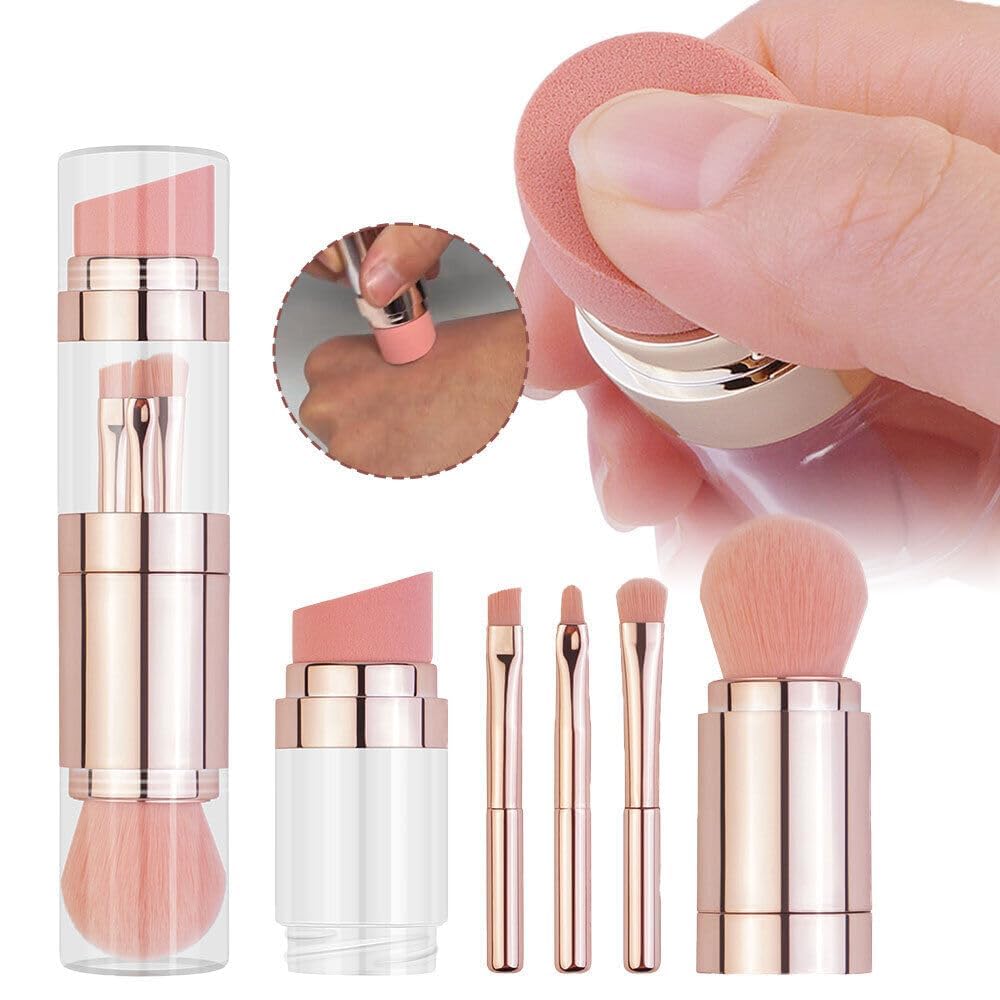 SHOPECOM 5-in-1 Mini Makeup Brush Set with Travel Case - Synthetic Bristles Face & Eyeshadow Brush Kit for Powder, Blush, Eyeshadow & Lipstick - Perfect for Travel, Daily Makeup & Professional Use