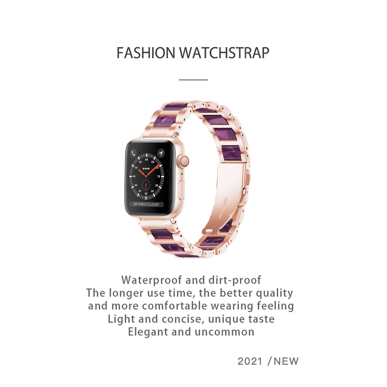 Luxury Light Purple Rose Resin Apple Watch Band with Stainless Steel - Comfortable Strap for Women, Compatible with Apple Watch Series 9/8/7/SE/6/5/4/3/2/1 (38mm/40mm/41mm) - Perfect for Workouts, Office & Everyday Fashion