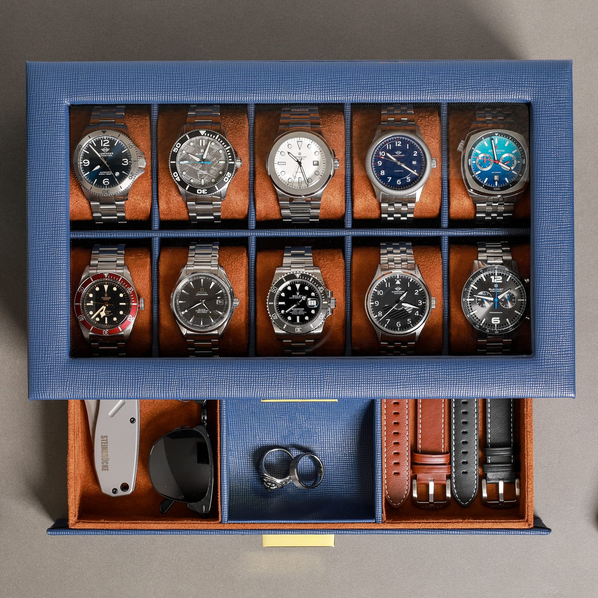 Premium ROTHWELL 10-Slot Leather Watch Box with Valet Drawer - Luxury Watch Case Organizer with Soft Microsuede Liner, Jewelry & Sunglass Storage - Large Glass Top Display (Blue/Tan) - Perfect for Watch Collectors, Travel & Gift Giving