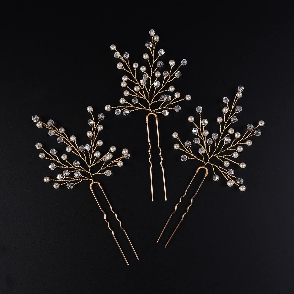 Jumwrit Pearl Bridal Hair Pins Set - 3pcs Rhinestone Wedding Hair Accessories for Women & Girls (Gold) | Perfect for Bridal, Prom, Party & Special Occasions