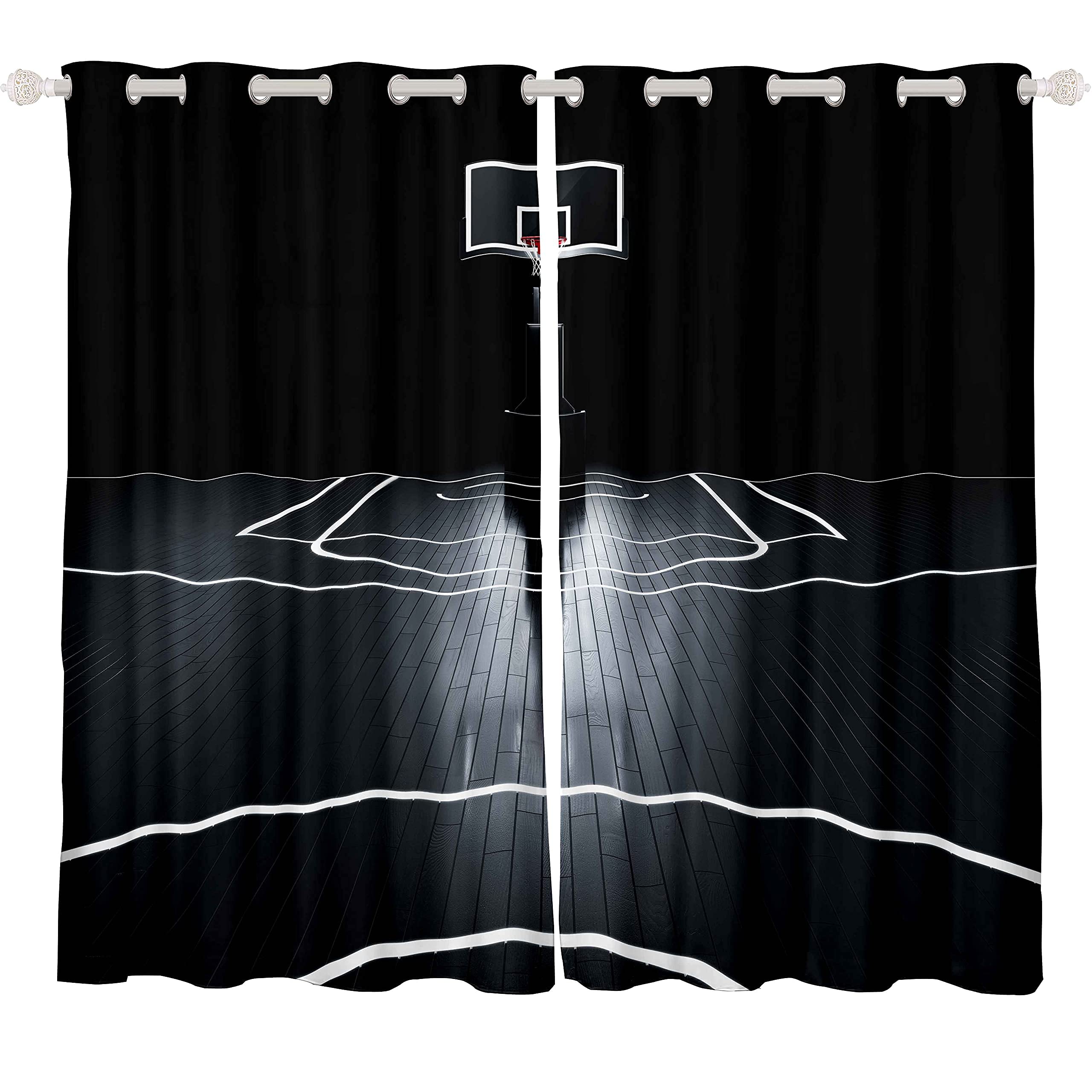 Basketball Curtains for Boys Room - Sports Themed Window Drapes for Kids & Teens - Black & White 42x63 Inch Basketball Court Design - Perfect for Bedroom, Living Room & Game Room Decor - 2 Panels