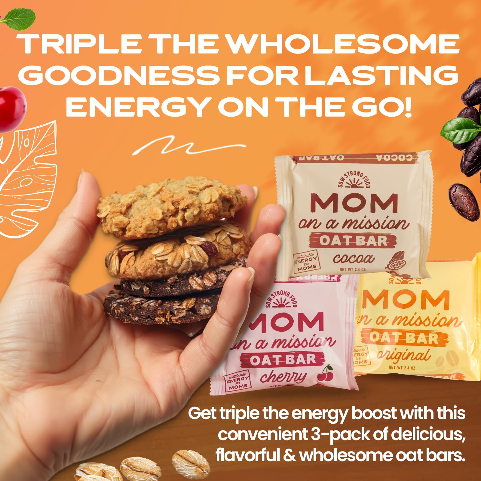 SOW STRONG FOOD Variety Oat Bar (3-Pack) | High Energy & High Carb Healthy Snacks | Vegan Oatmeal Bars for Adults | Natural Energy Boost & Focus | Perfect for Hiking, Workouts & On-the-Go Snacking