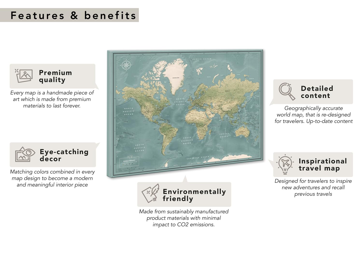 Premium Detailed World Map Pinboard on Canvas - Interactive Travel Map with Pins for Marking Adventures | 32x24 Inch Wall Decor for Home Office, Classroom & Travel Planning | Perfect Gift for Travel Lovers & Geography Enthusiasts