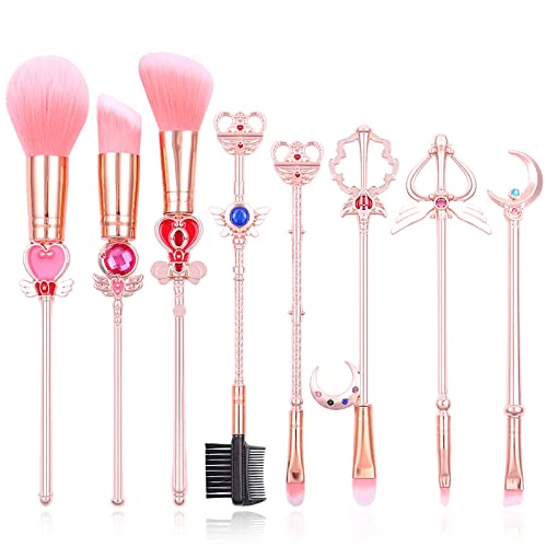 Sailor Moon Makeup Brushes Set - 8PCS Anime Pink Metal Magic Wand Handle Professional Cosmetic Brushes Kit | Perfect Gift for Anime Fans, Girlfriend, Birthday & Christmas | Great for Makeup Application, Cosplay & Collection