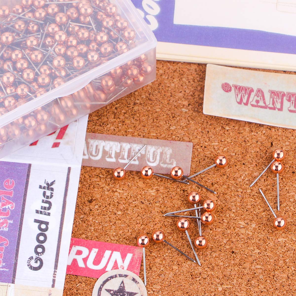 Yalis 200-Count Rose Gold Push Pins - 1/8-Inch Retro Metallic Map Tacks with Beaded Heads for Bulletin Boards, Office Maps & DIY Crafts