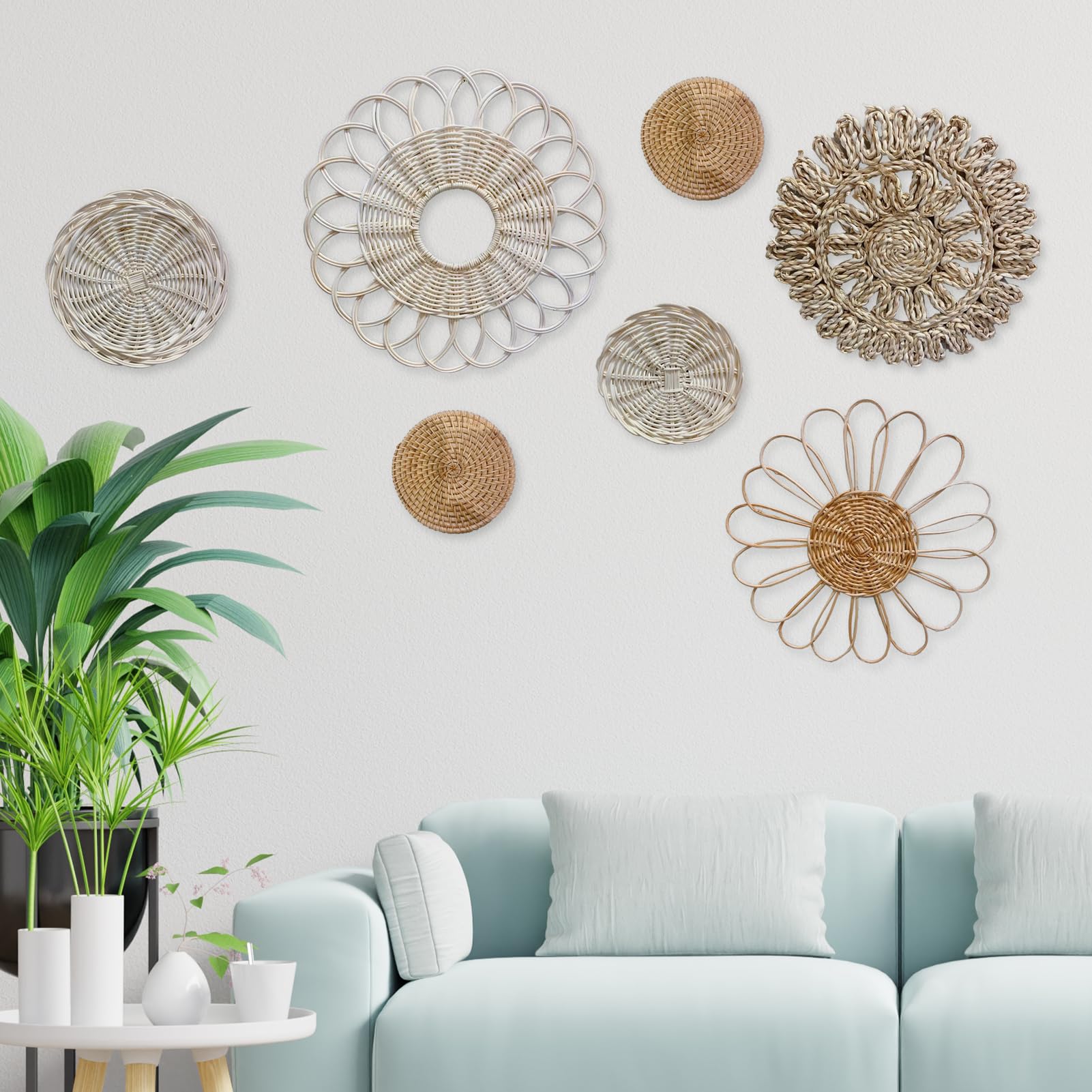 Boho Wall Basket Set of 7 - Natural Seagrass Rattan Wicker Wall Decor for Farmhouse & Boho Style - Handwoven Wall Art for Living Room, Bedroom, Bathroom Decor - Perfect for Home, Office, Wedding & Rustic Decorations