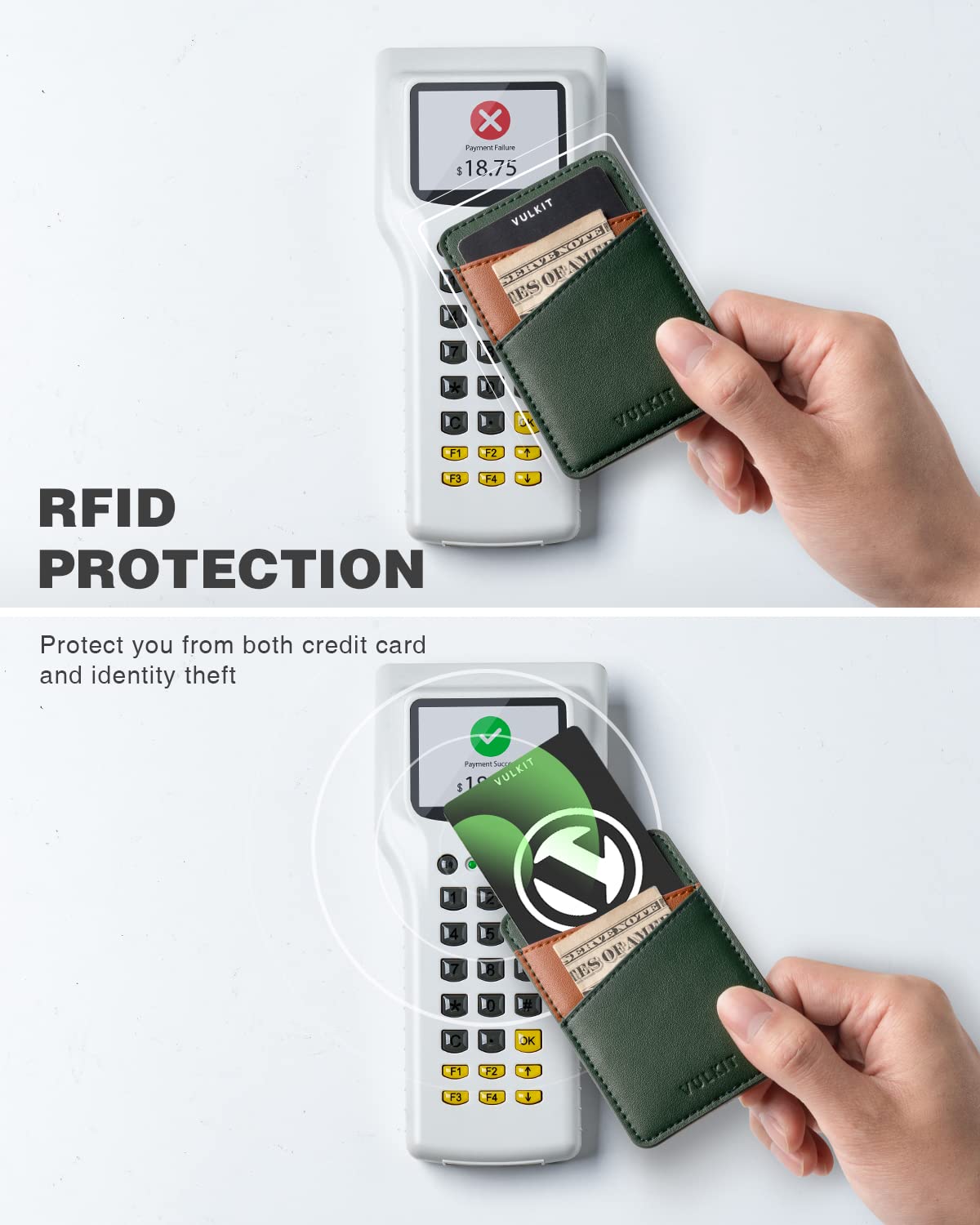 VULKIT RFID Blocking Leather Phone Wallet - Adhesive Card Holder for iPhone & Smartphones, Stick-On Credit Card Sleeve (Green) | Perfect for Travel, Shopping & Contactless Payments