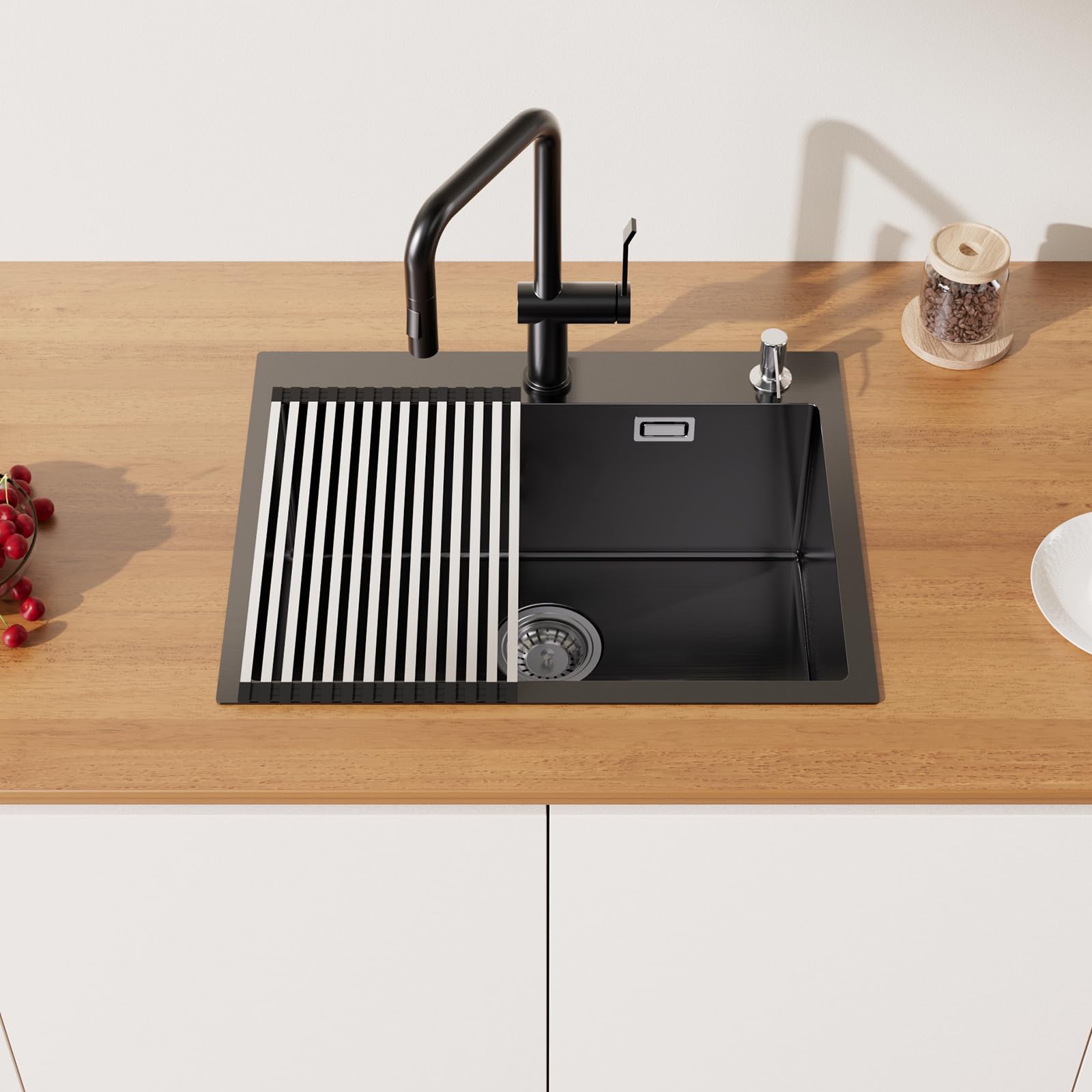 Lonheo 58 x 45 cm Black Kitchen Sink with Foldable Drainboard & Soap Dispenser - Single Bowl Stainless Steel Sink with Drainage System - Perfect for Modern Kitchens, Apartments & Small Spaces